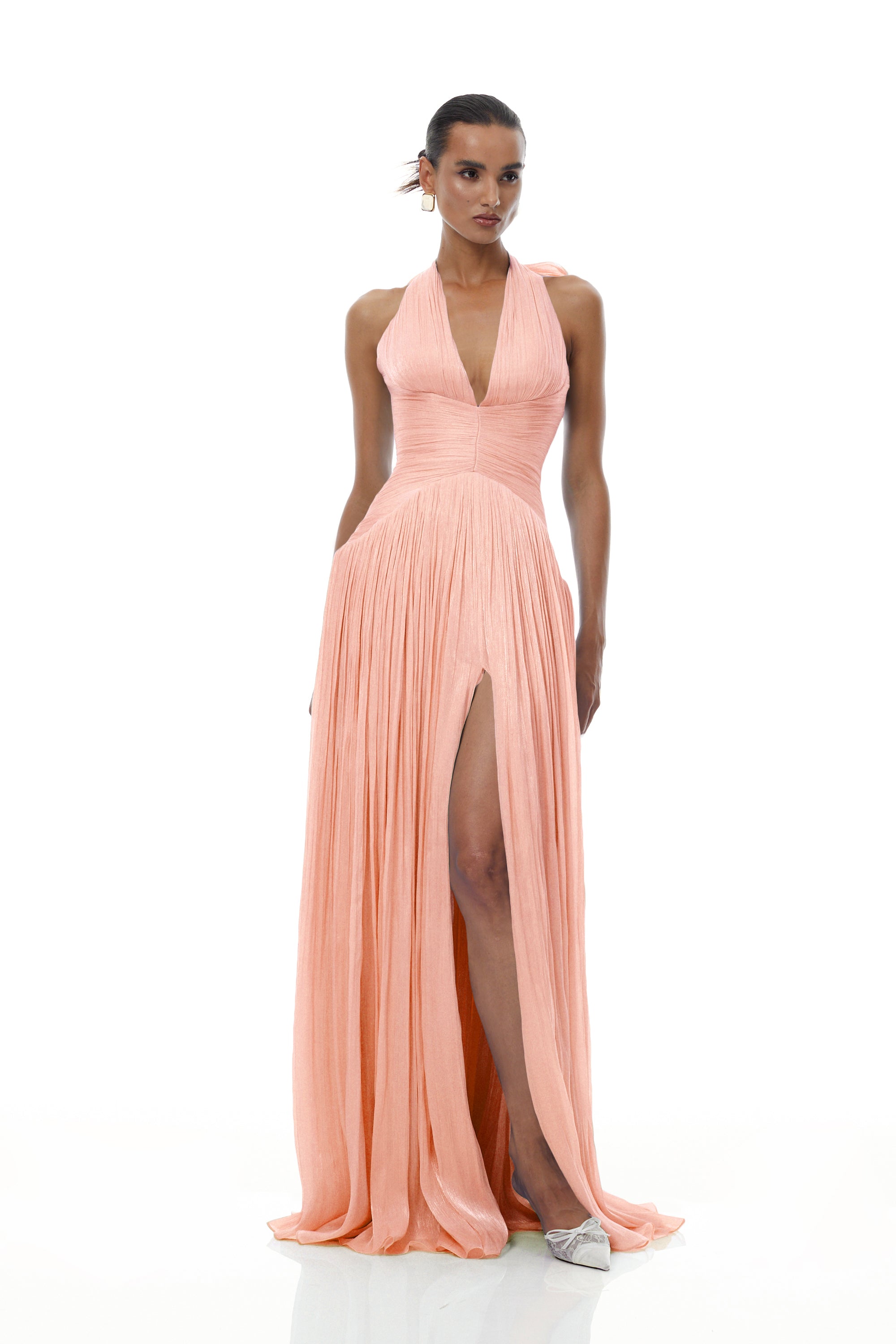 Pink Glossy Gathered Maxi Dress
