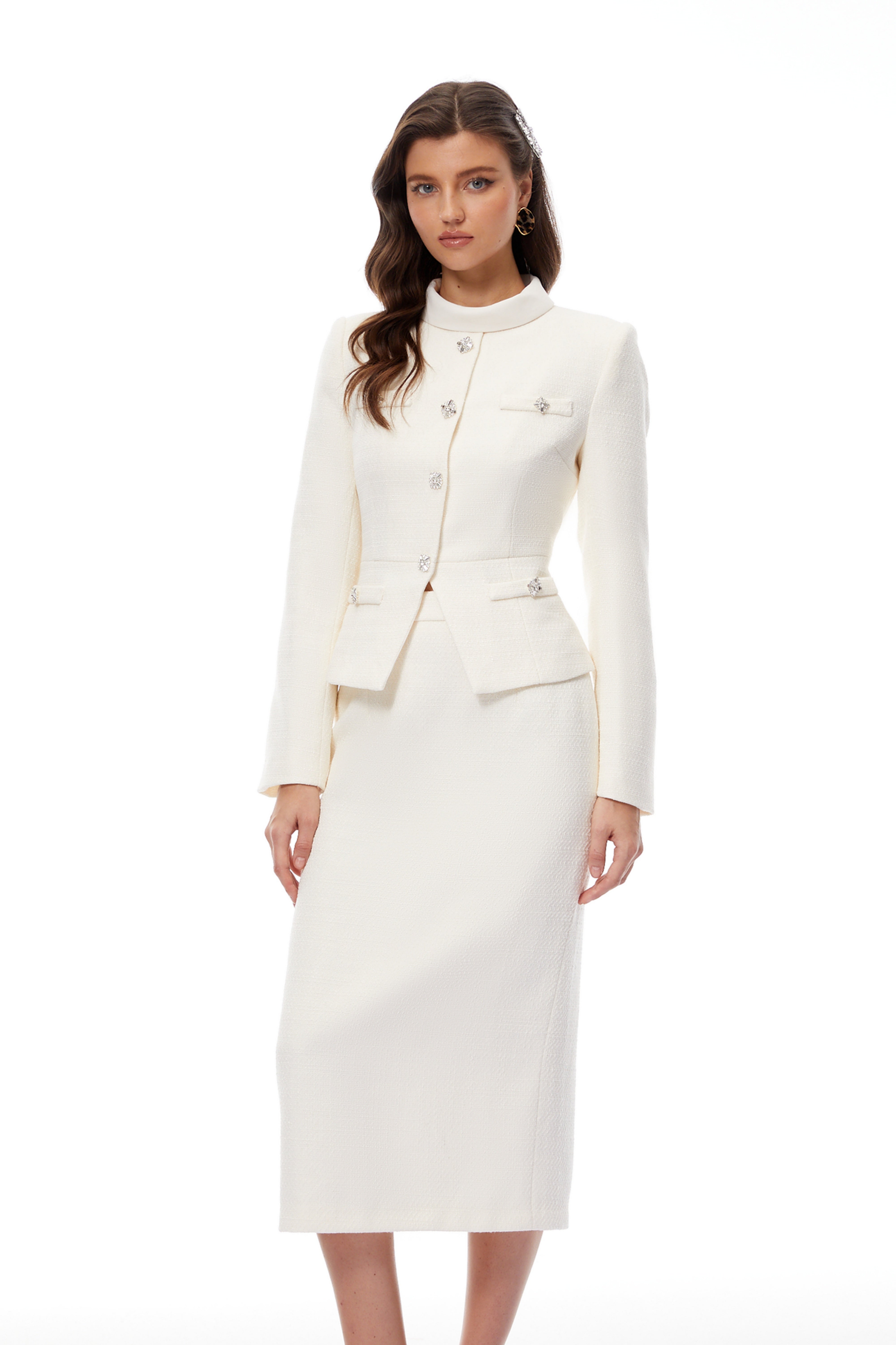 Regina White Crystal Embellished Tweed Jacket & Skirt Set (Final Sale-US Only)