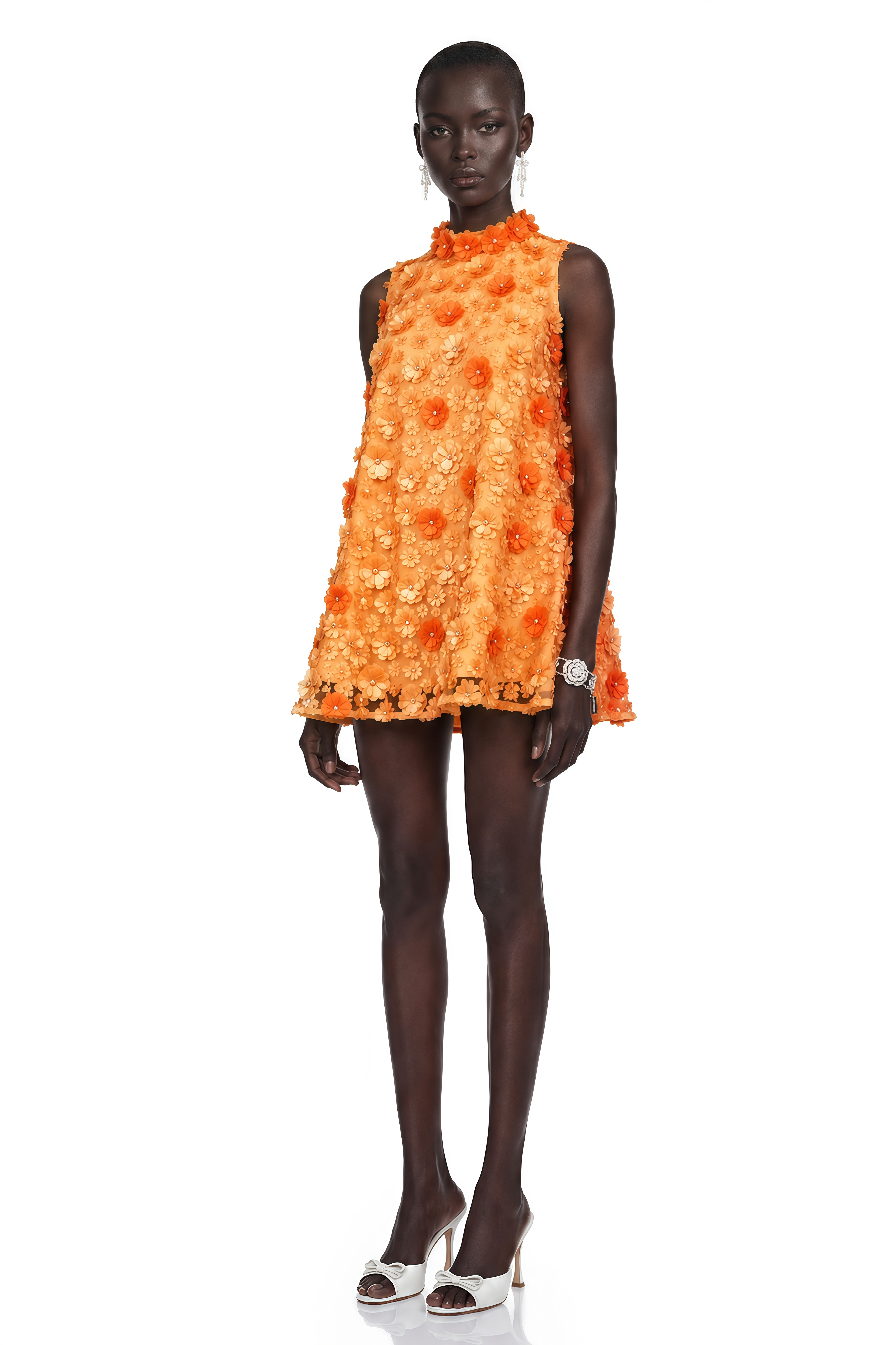 Orphée Orange Faux-Flower Mini Dress