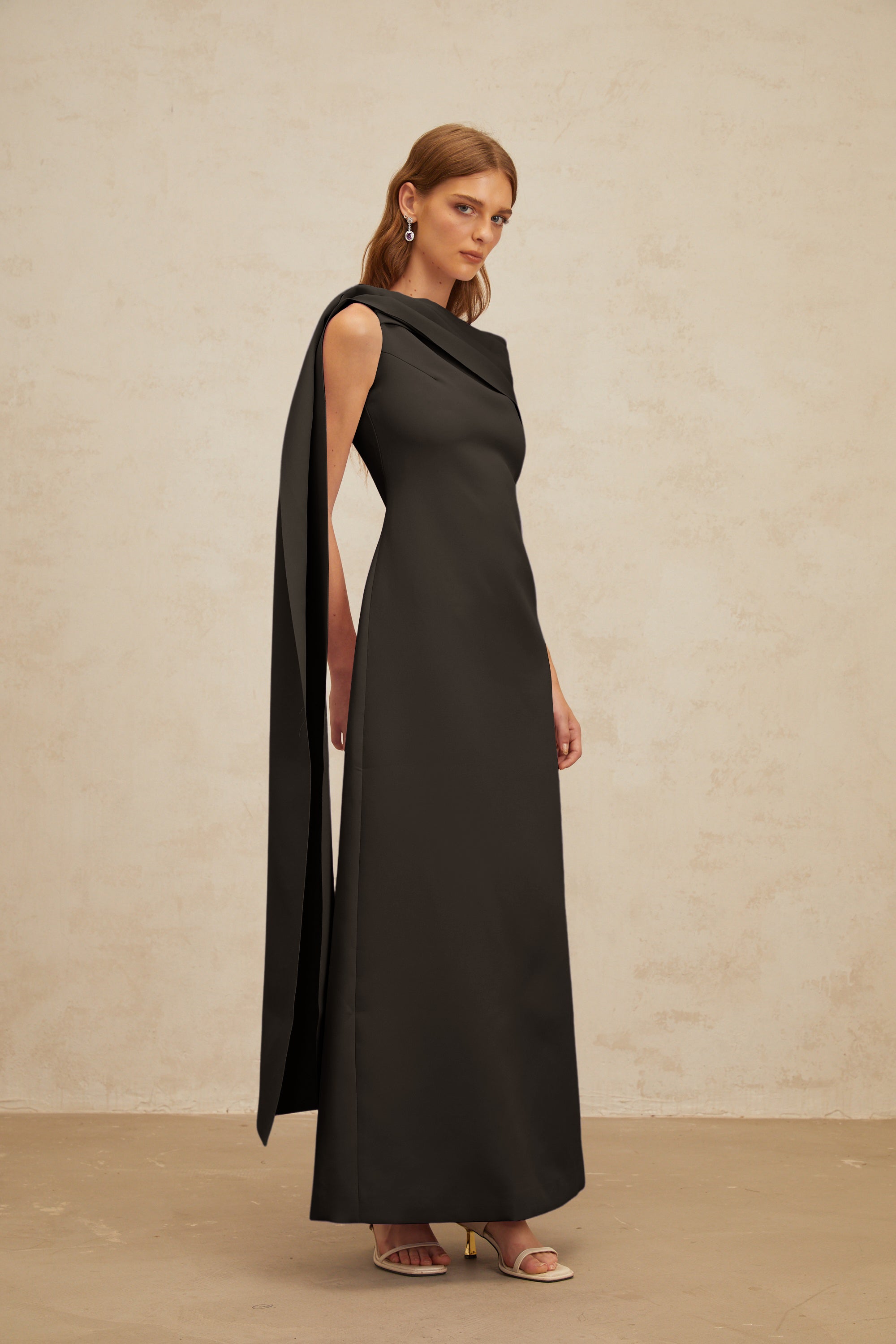 Annabelle Black Cape-Design Ribbon Maxi Dress (Final Sale-US Only)