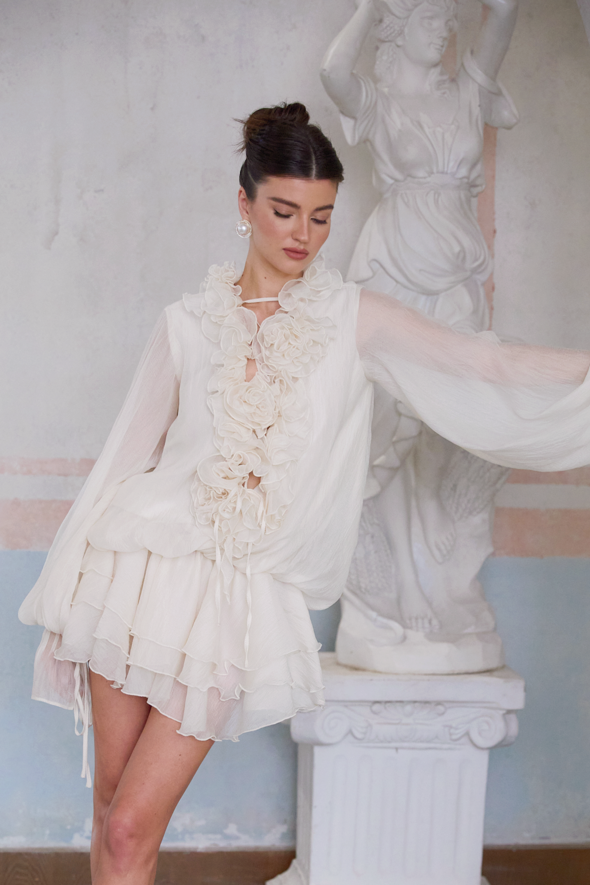 Zéphyrine Floral-Appliqué Tiered Mini Dress in Neutrals (Final Sale-US Only)