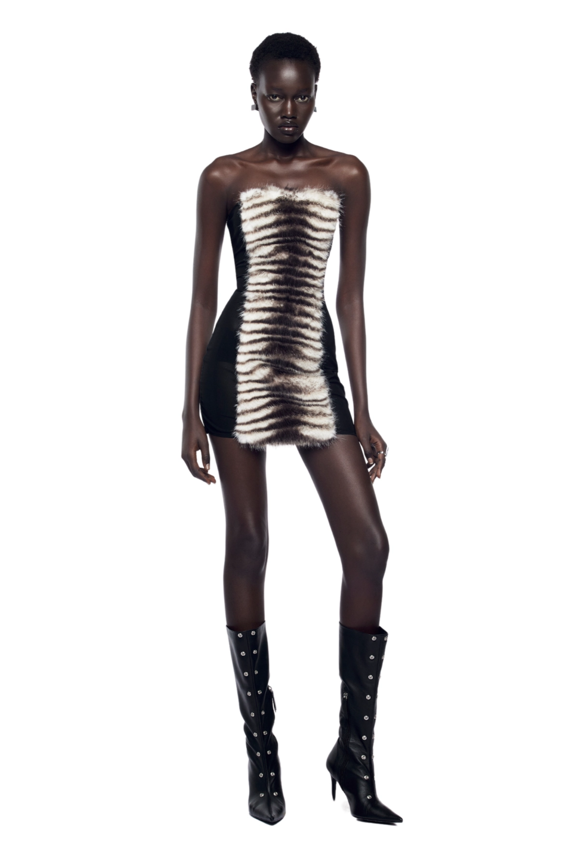 Mini-robe sans bretelles Janvier, à empiècements en fourrure, couleur noire