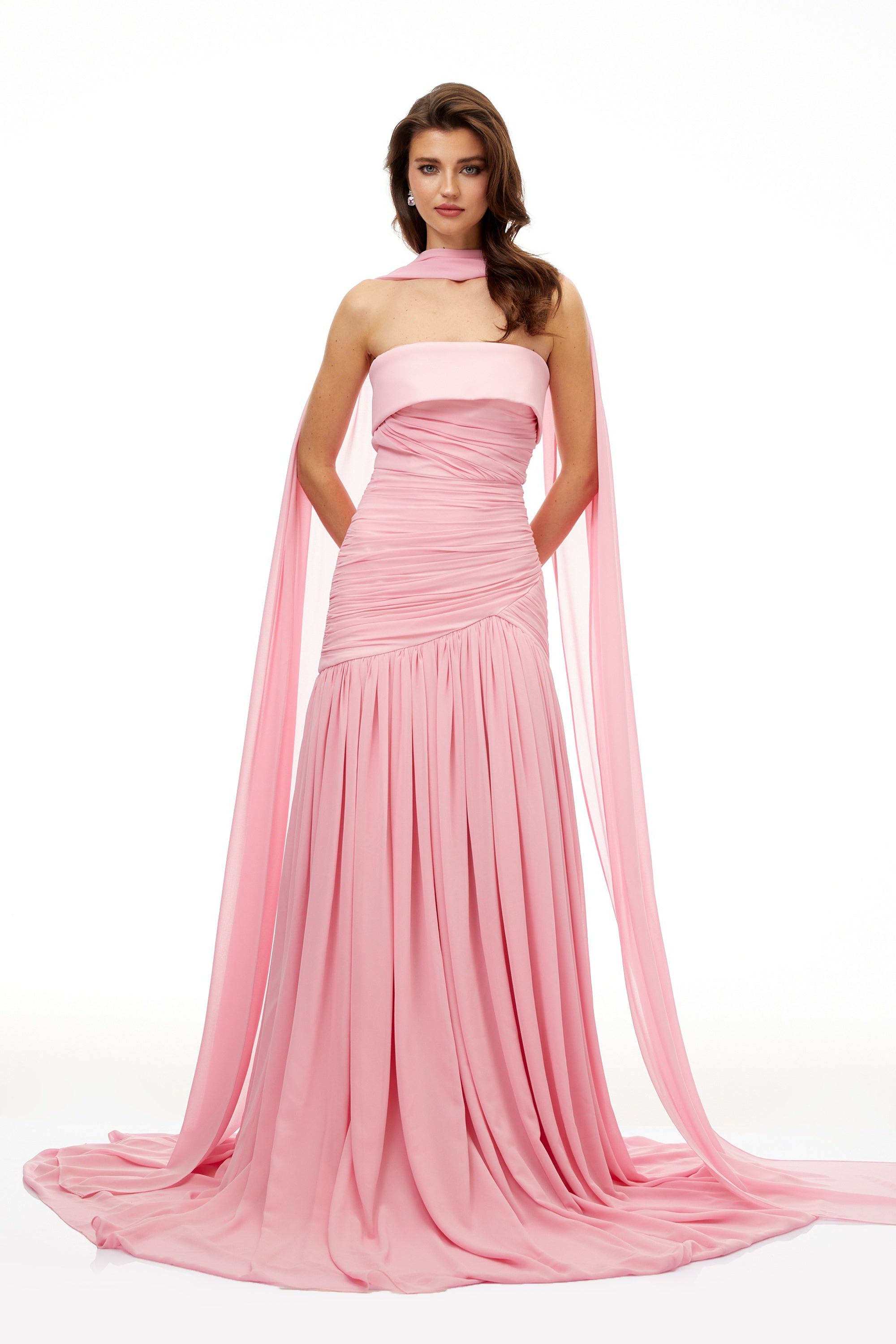 Laetitia Pink Pleated Train Ruched Maxi Dress (Final Sale-US Only)