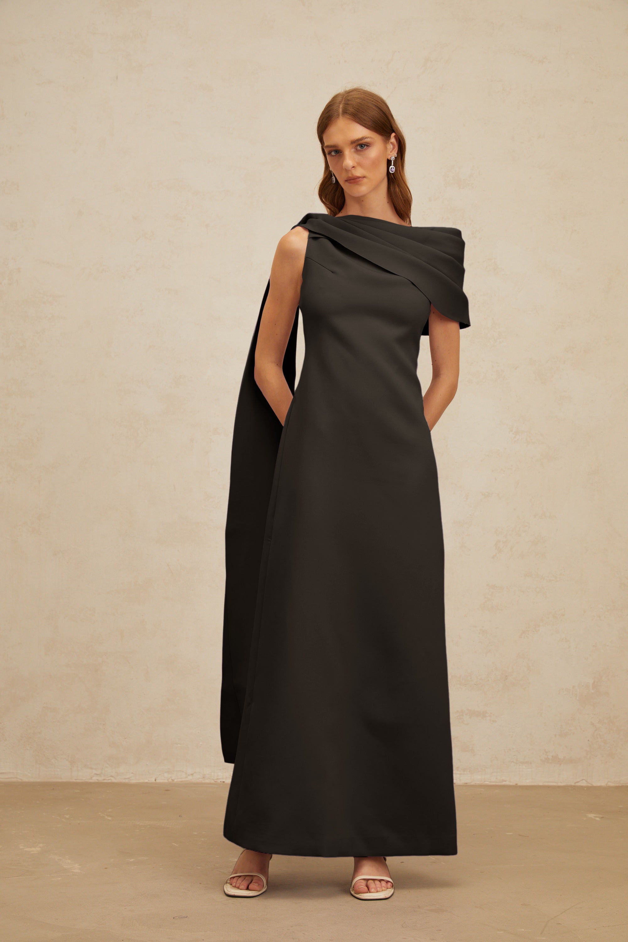 Annabelle Black Cape-Design Ribbon Maxi Dress (Final Sale-US Only)