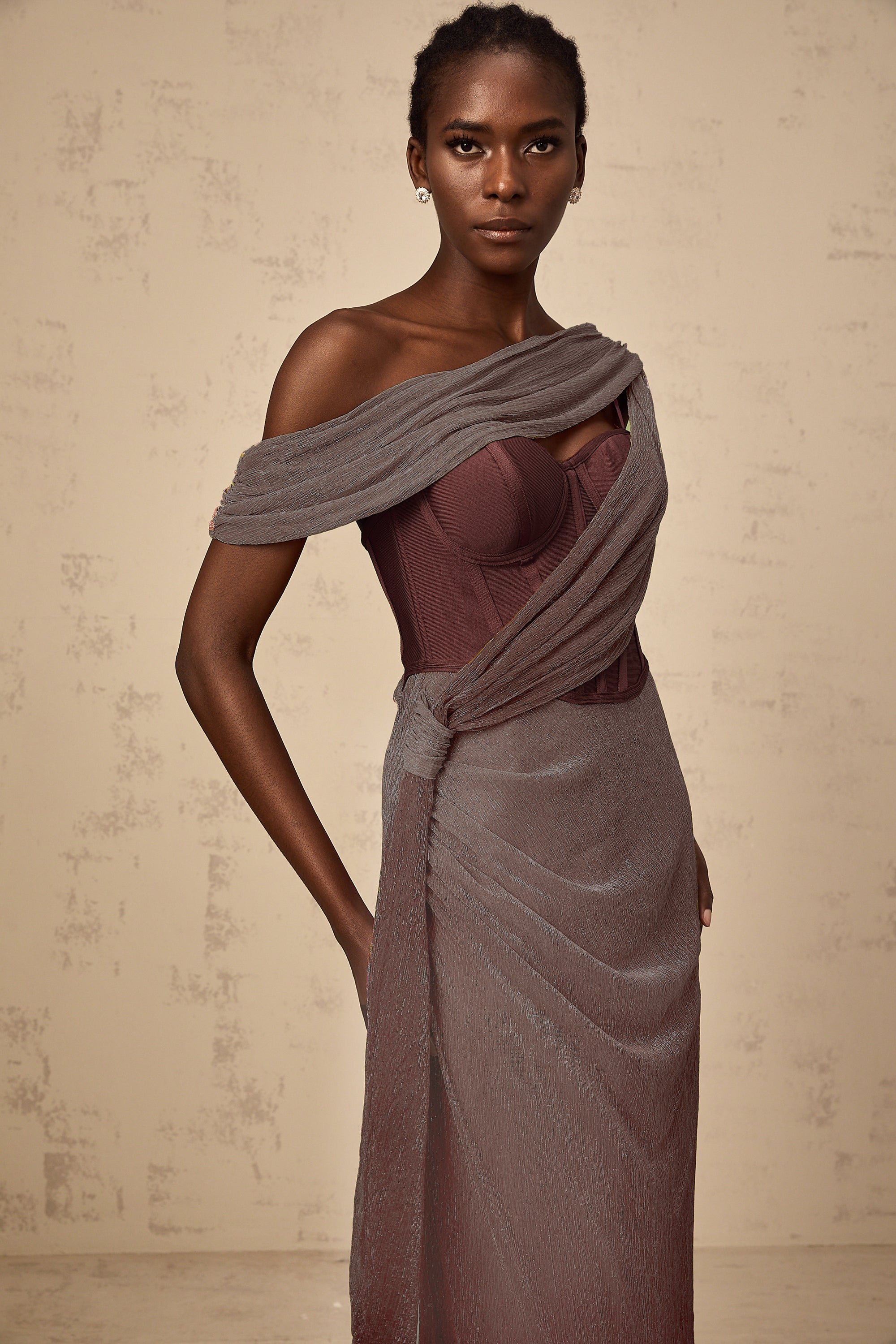 Delphine ribbon-design corset maxi dress in Brown (Final Sale-US Only)
