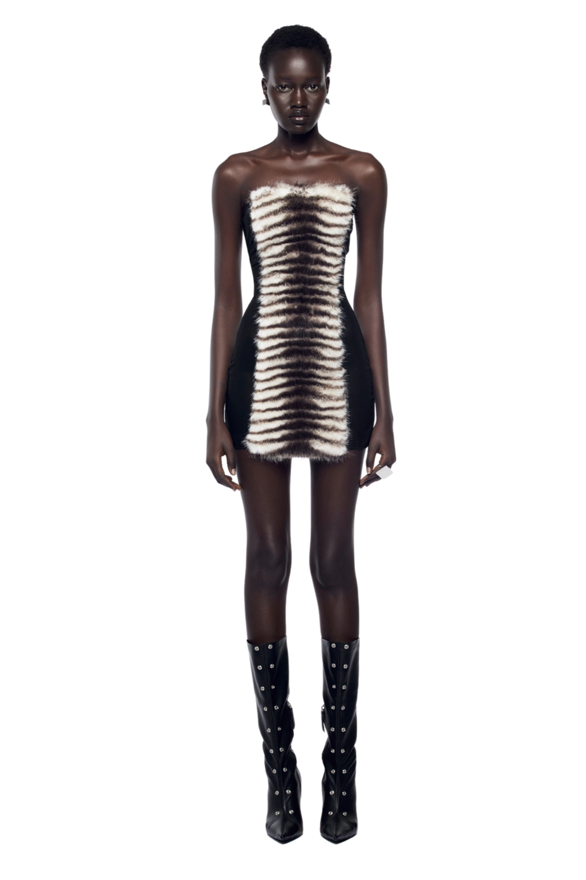 Mini-robe sans bretelles Janvier, à empiècements en fourrure, couleur noire
