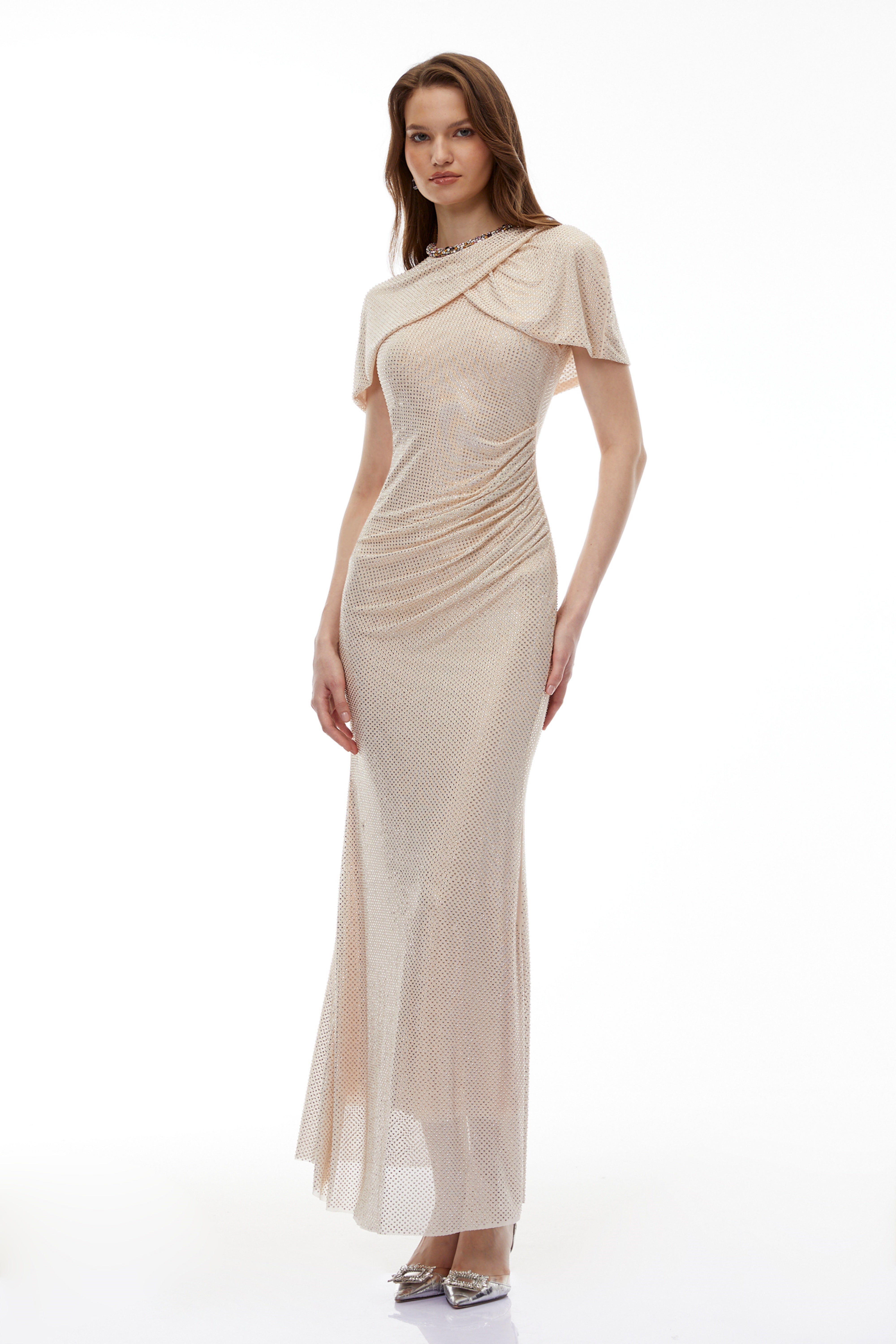 Abigail Champagne Cape Sleeve Rhinestone Maxi Dress (Final Sale-US Only)