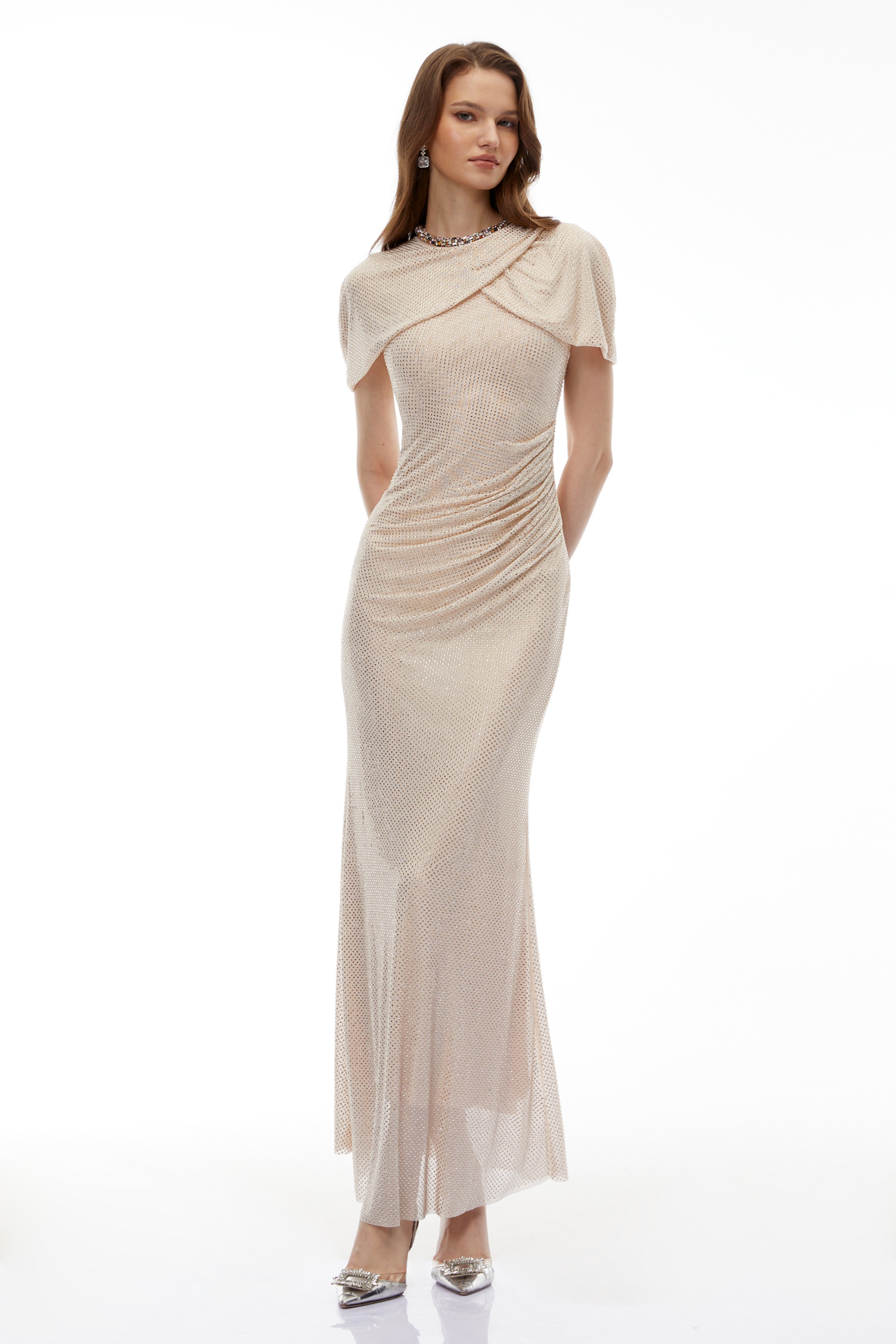 Abigail Champagne Cape Sleeve Rhinestone Maxi Dress (Final Sale-US Only)