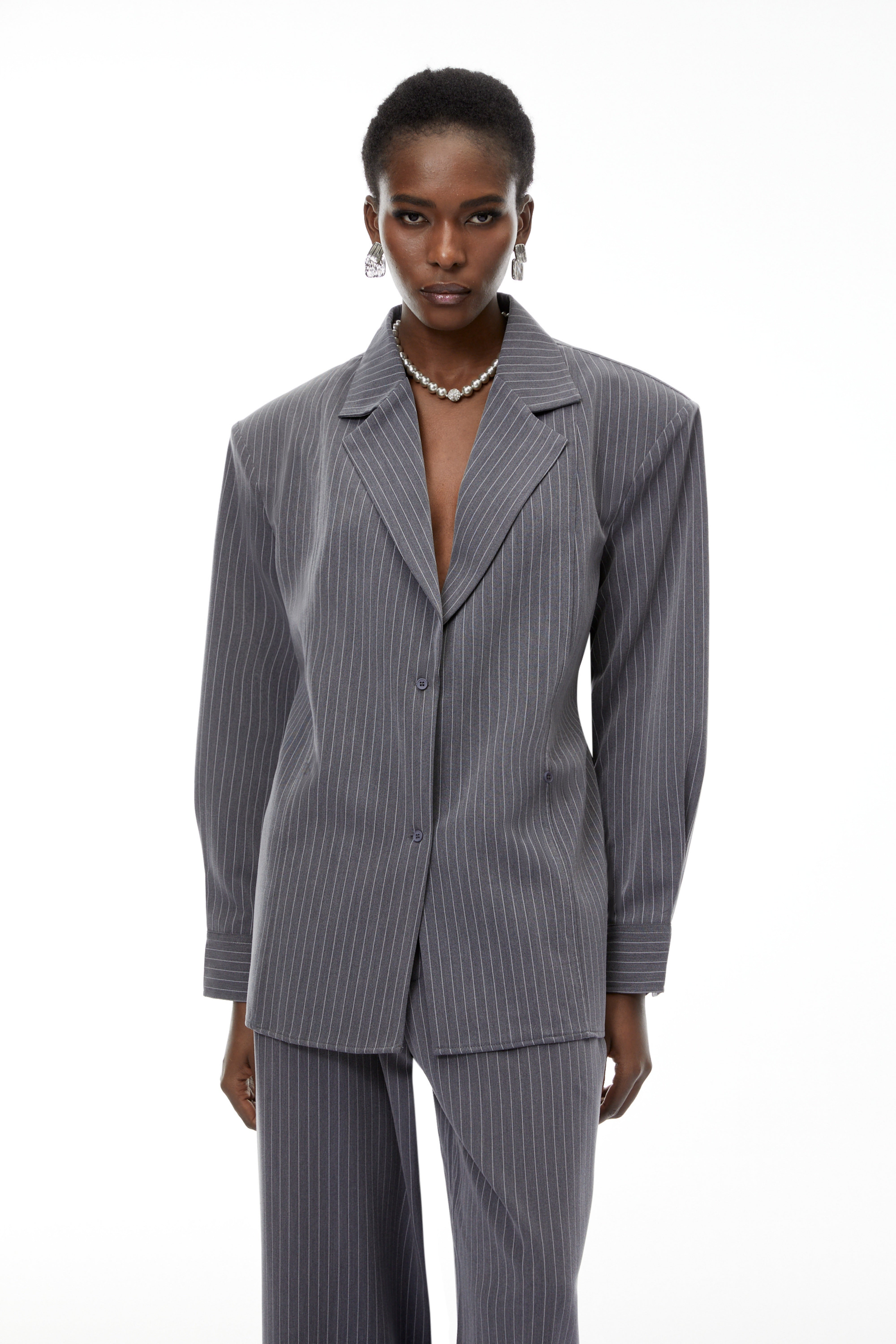 Abigail Grey Vertical Stripe Blazer & Trousers Set