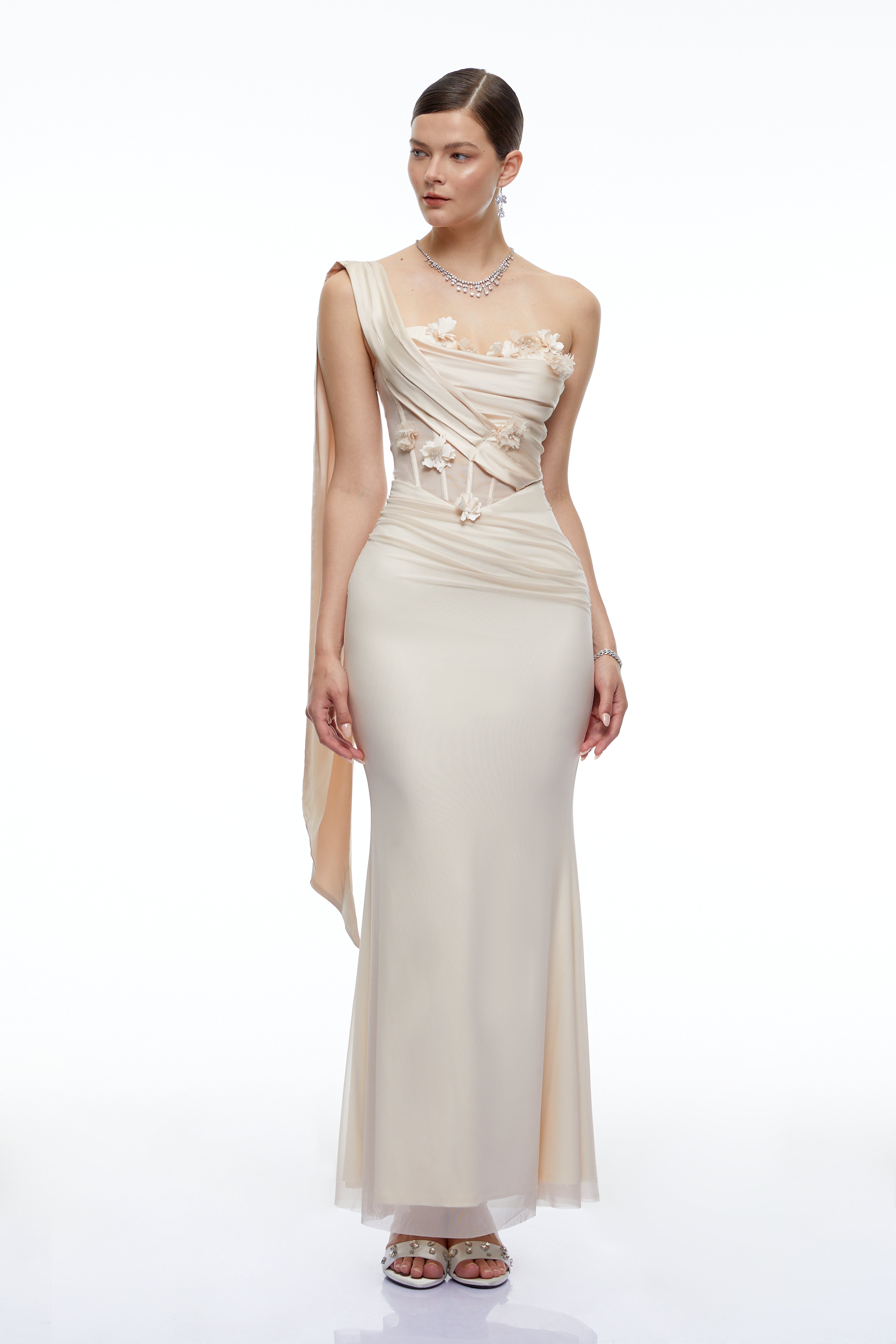 Acantha Neutral One Shoulder Maxi Dress with Floral Applique