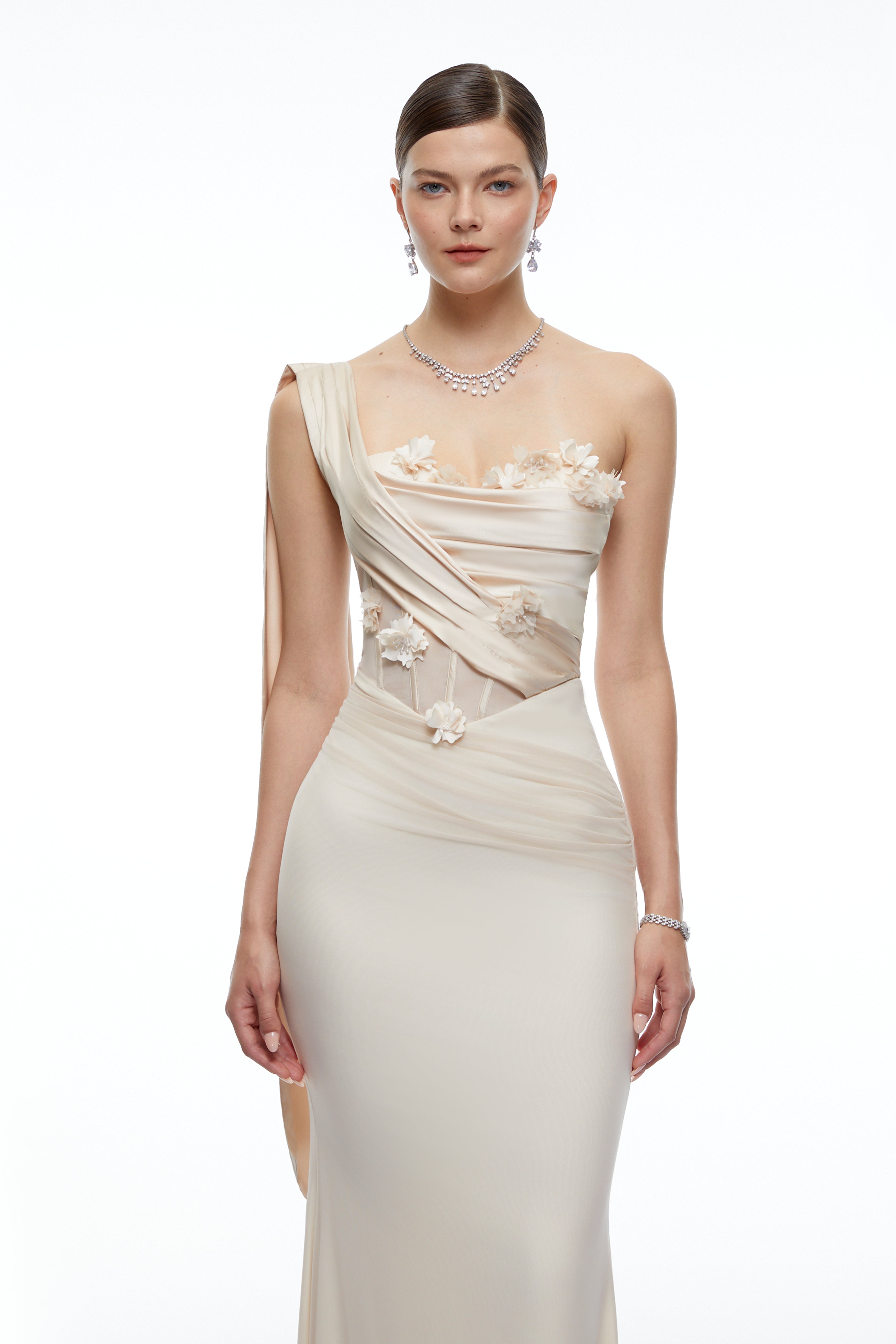 Acantha Neutral One Shoulder Maxi Dress with Floral Applique