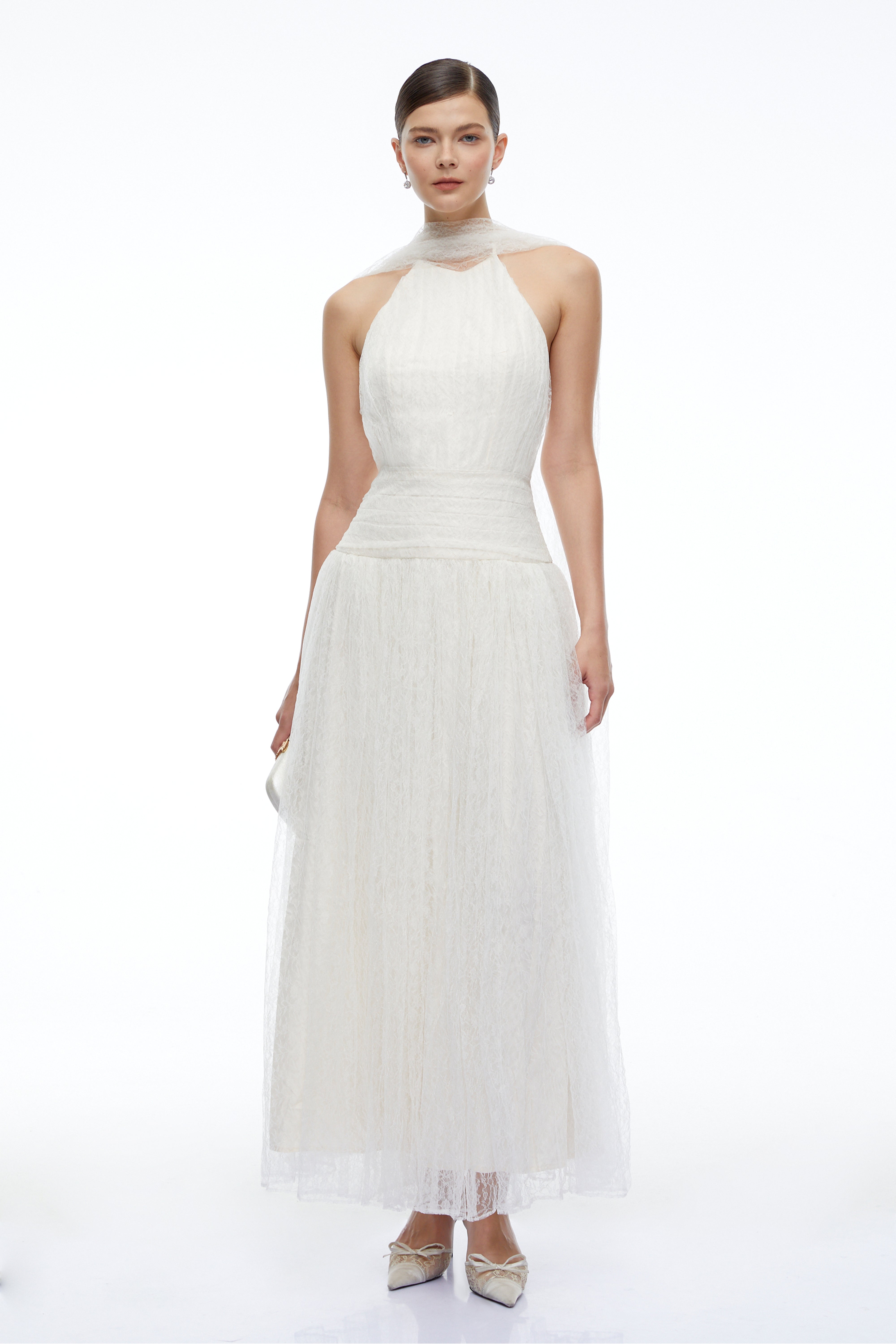 Charlotte Ivory Halterneck Lace Maxi Dress with Cape