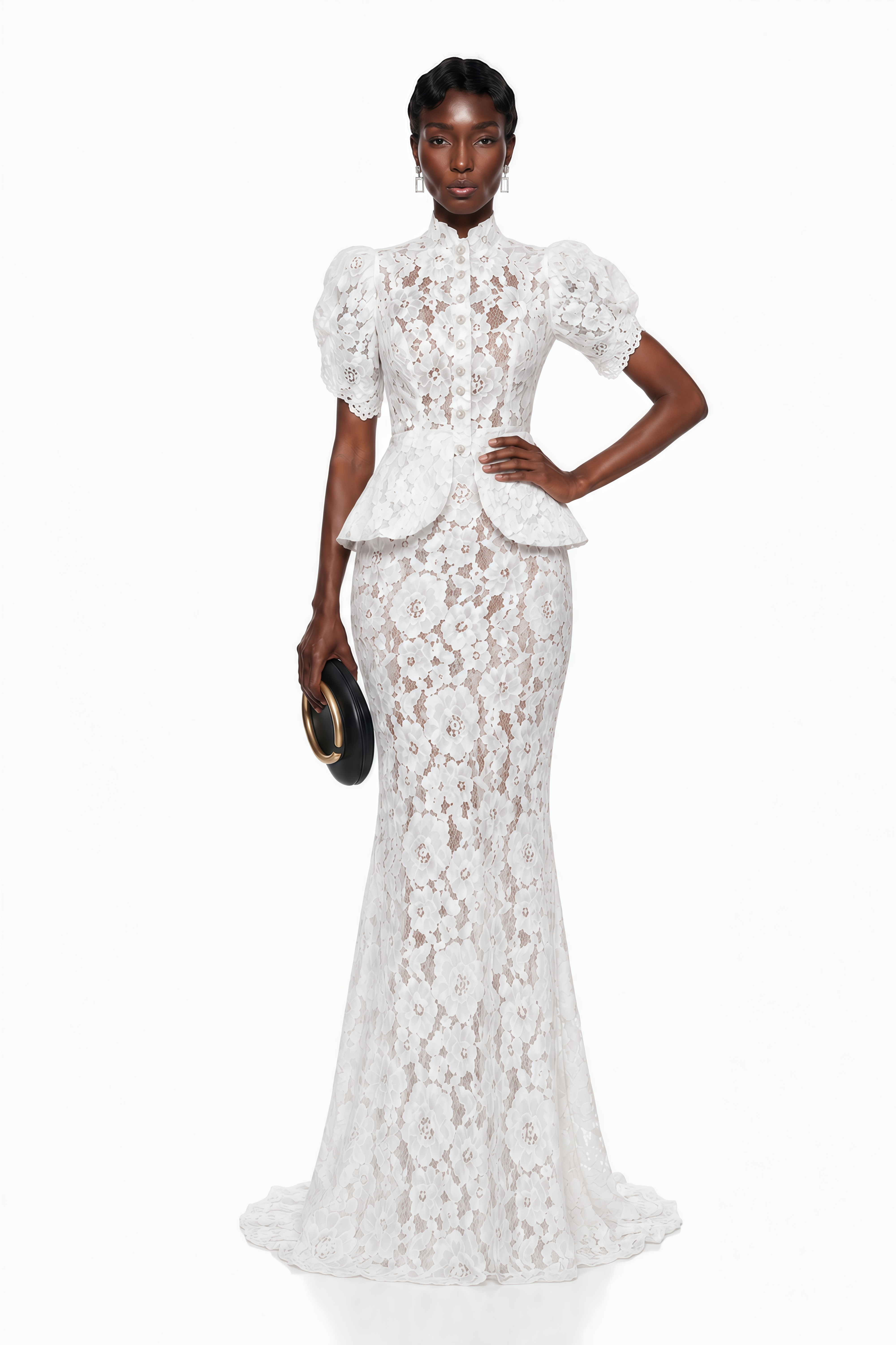 White floral lace maxi dress featuring a high neck, button-up bodice, short puff sleeves, and a peplum waist