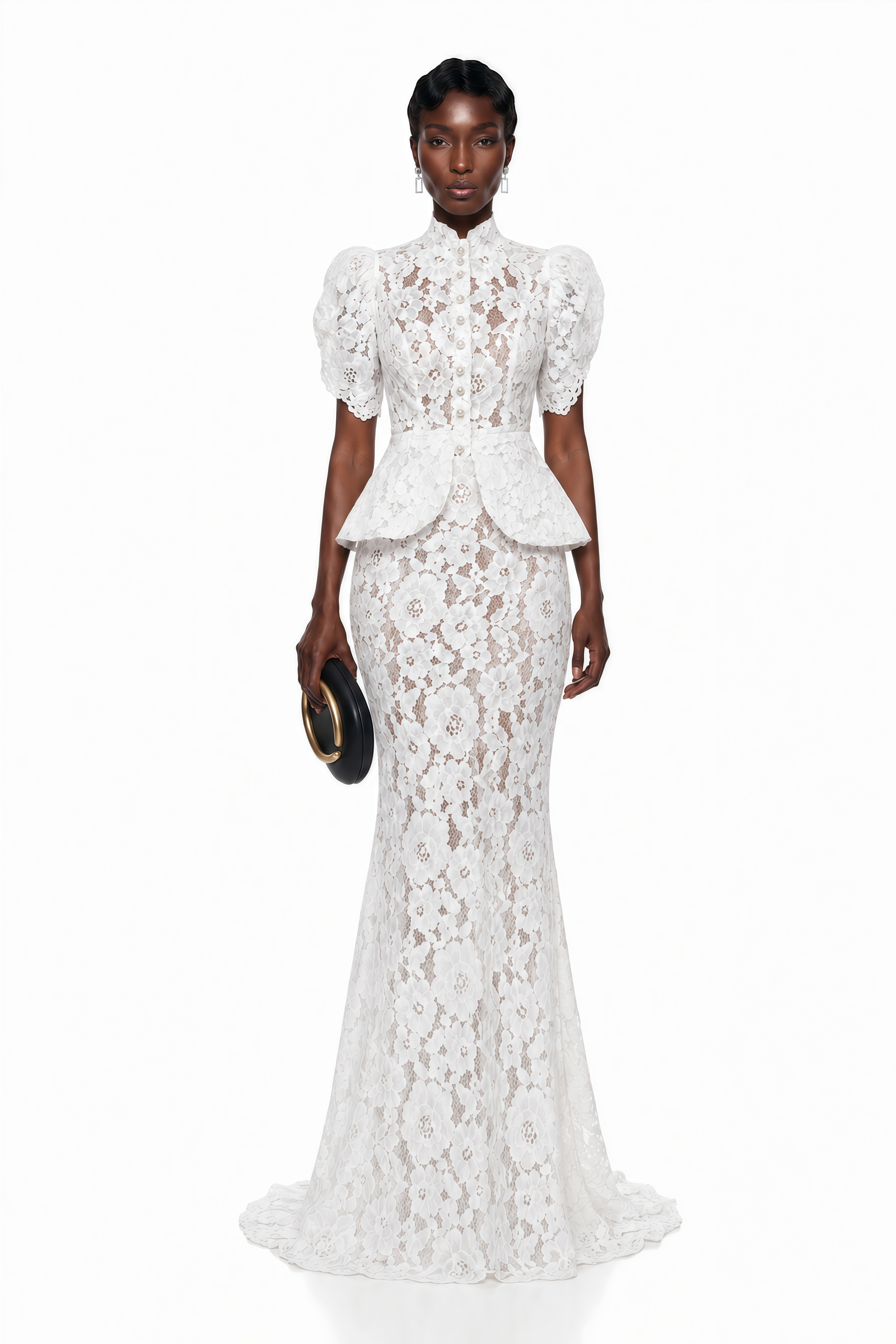 White floral lace maxi dress featuring a high neck, button-up bodice, short puff sleeves, and a peplum waist