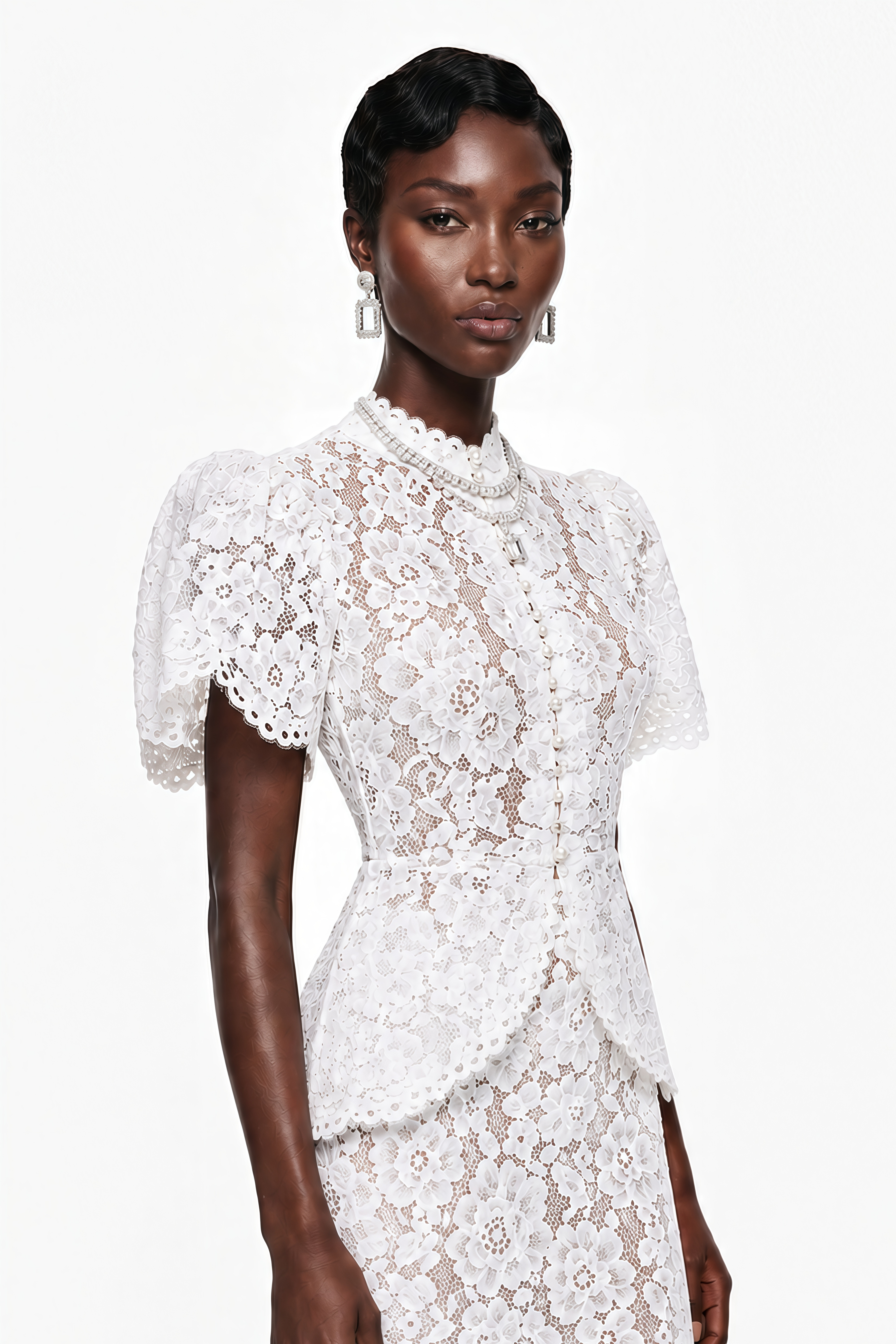 White floral lace maxi dress featuring a high neck, button-up bodice, short puff sleeves, and a peplum waist