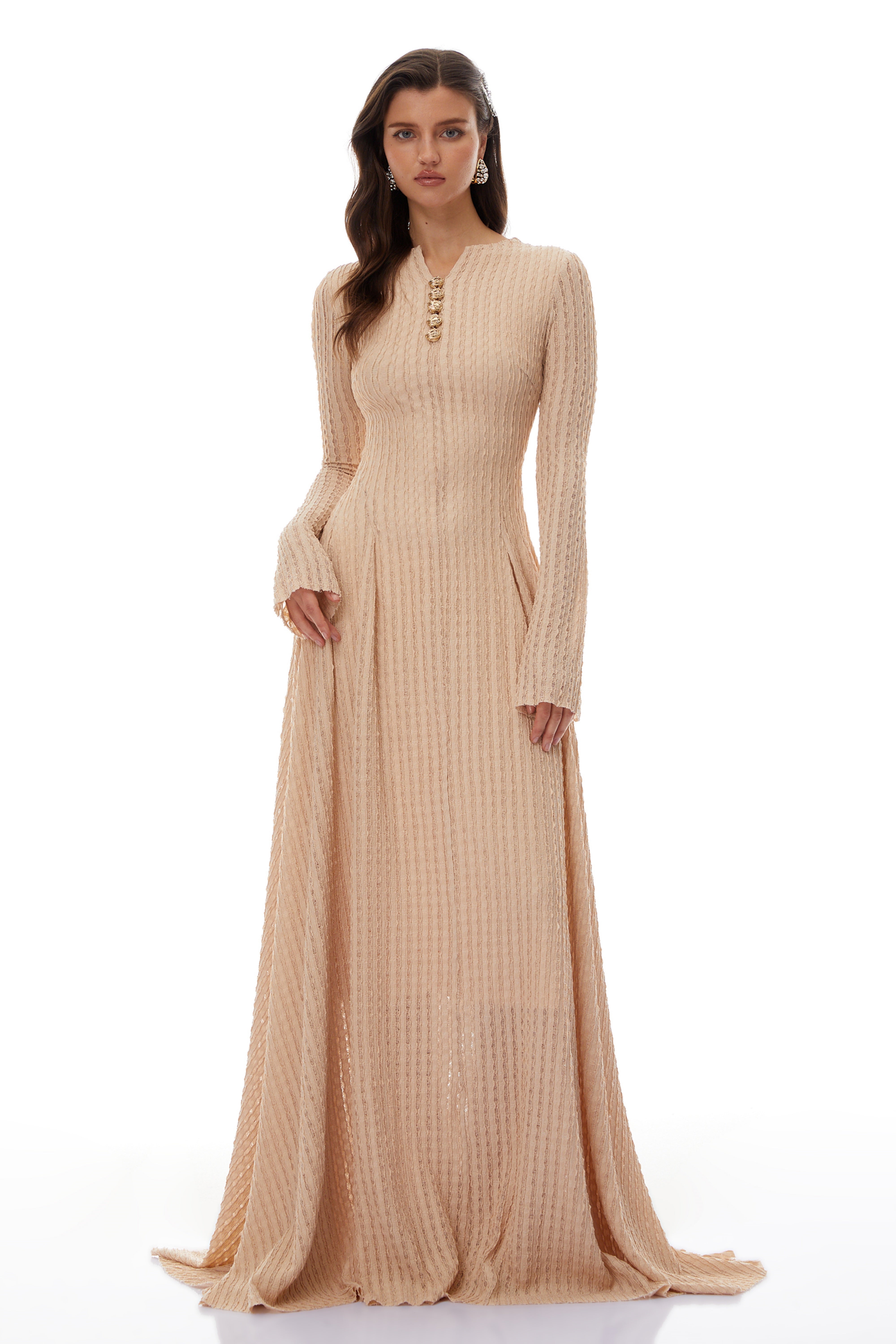 Adeline Beige Textured Jacquard Maxi Gown (Final Sale-US Only)