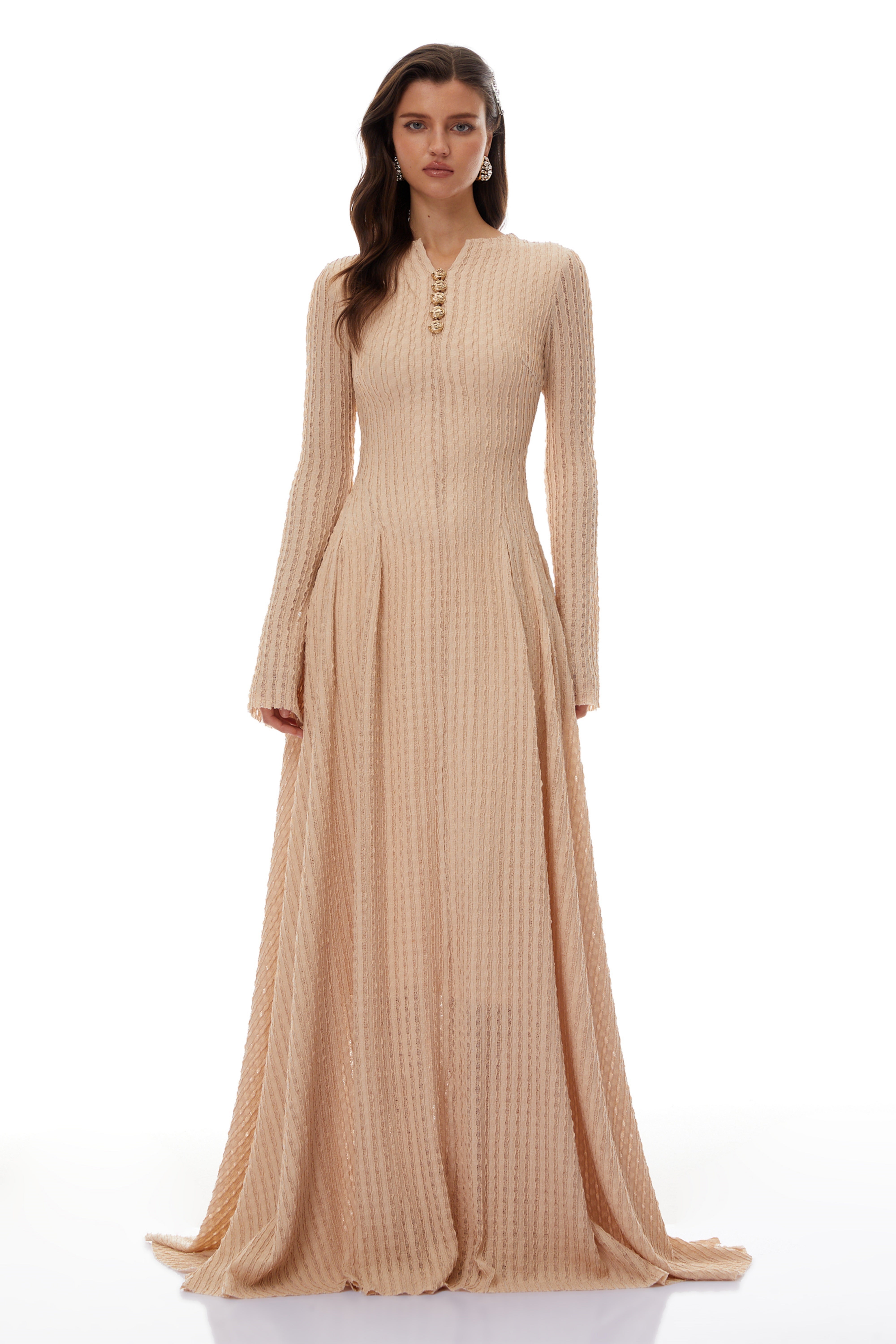 Adeline Beige Textured Jacquard Maxi Gown (Final Sale-US Only)