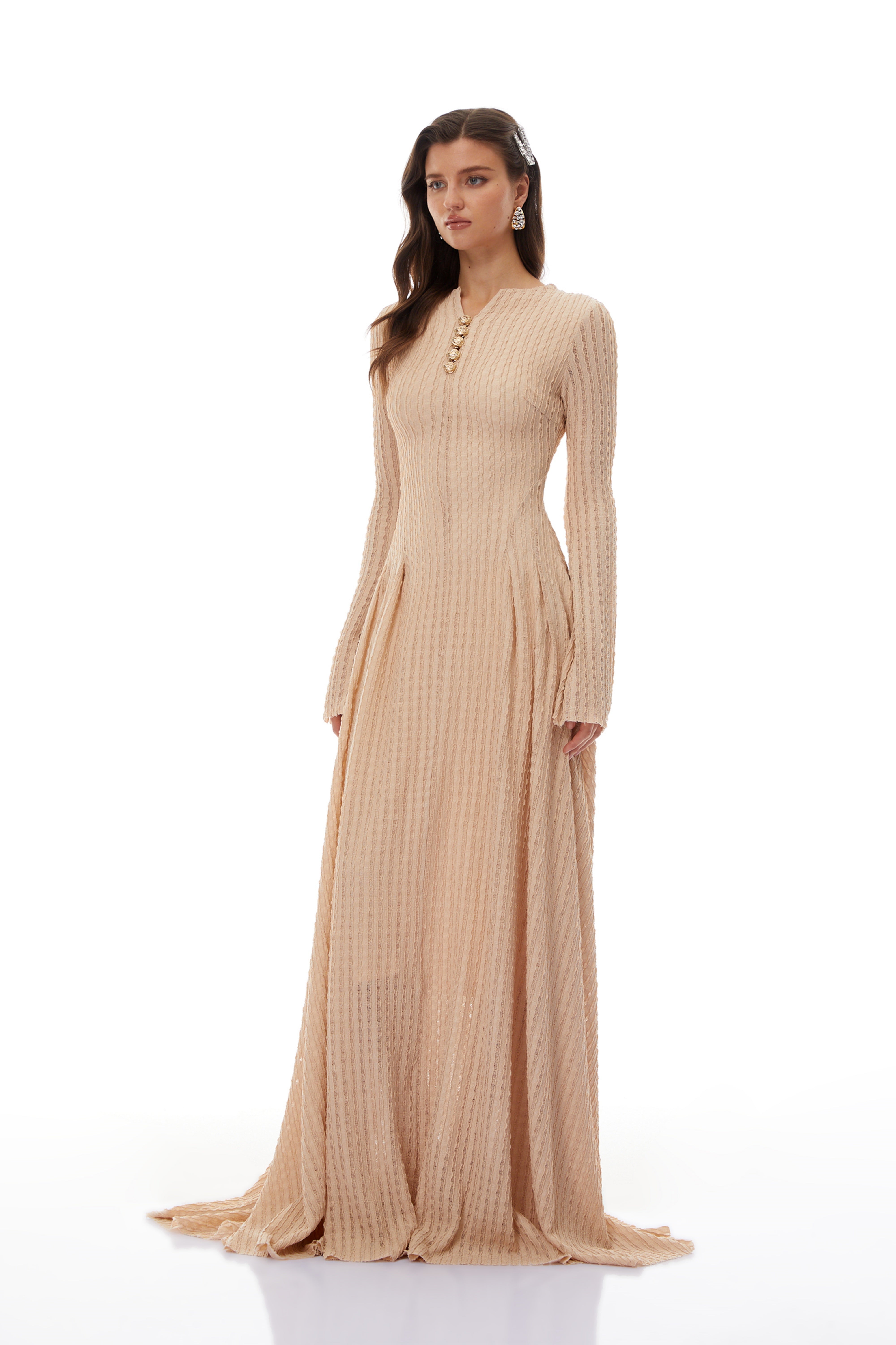 Adeline Beige Textured Jacquard Maxi Gown (Final Sale-US Only)