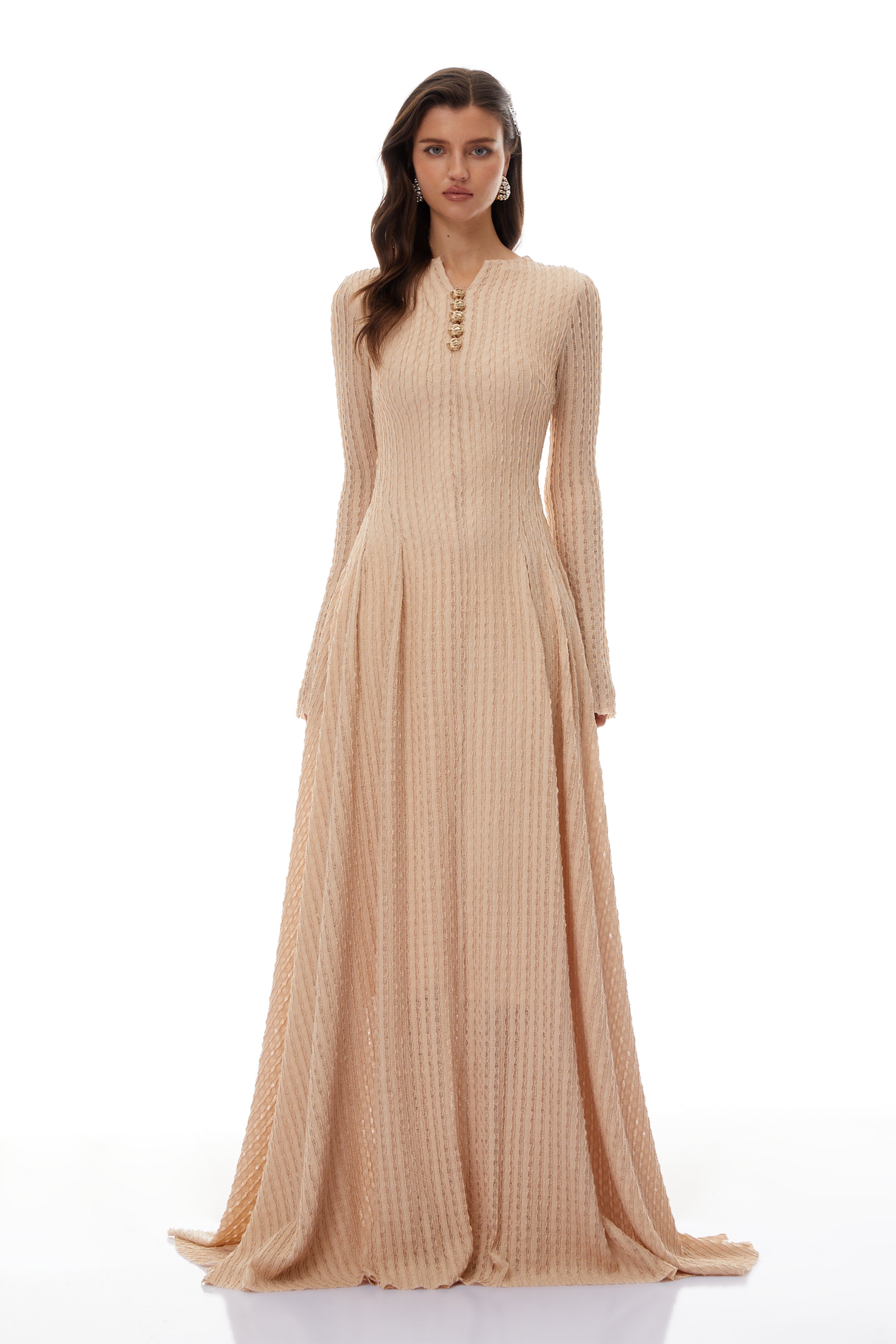 Adeline Beige Textured Jacquard Maxi Gown (Final Sale-US Only)