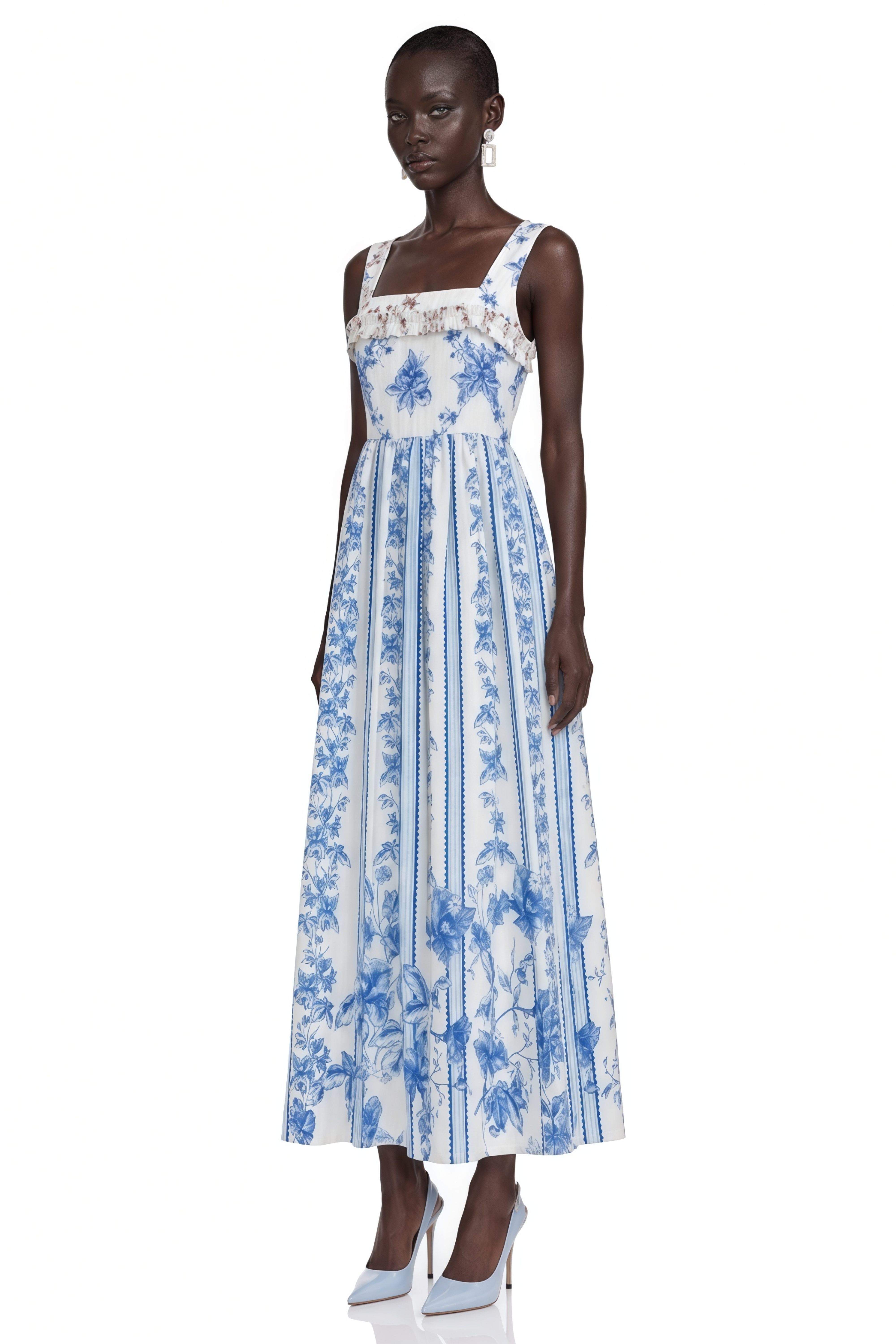 Adeliza Blue Floral Print Square Neck Midi Dress