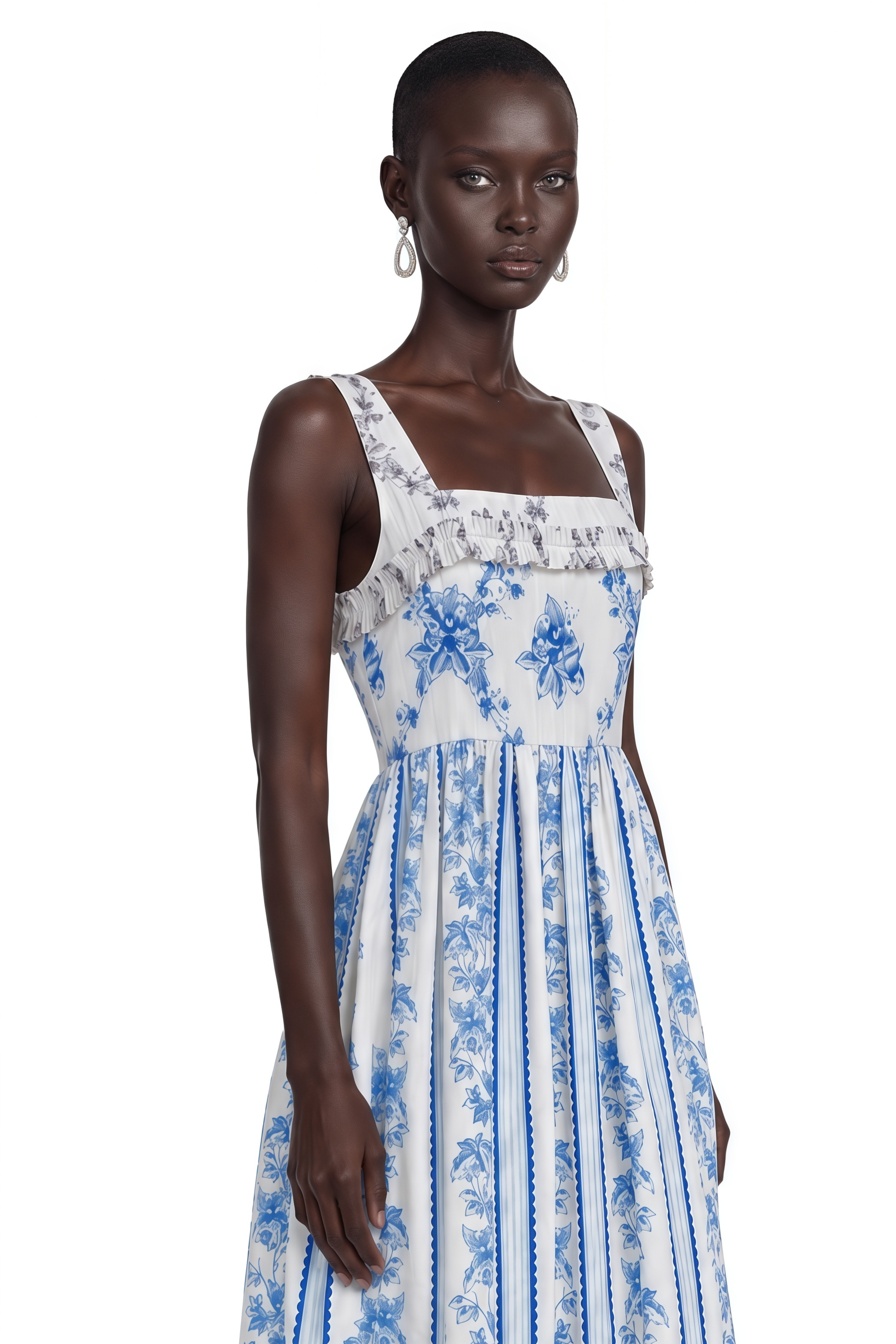 Adeliza Blue Floral Print Square Neck Midi Dress