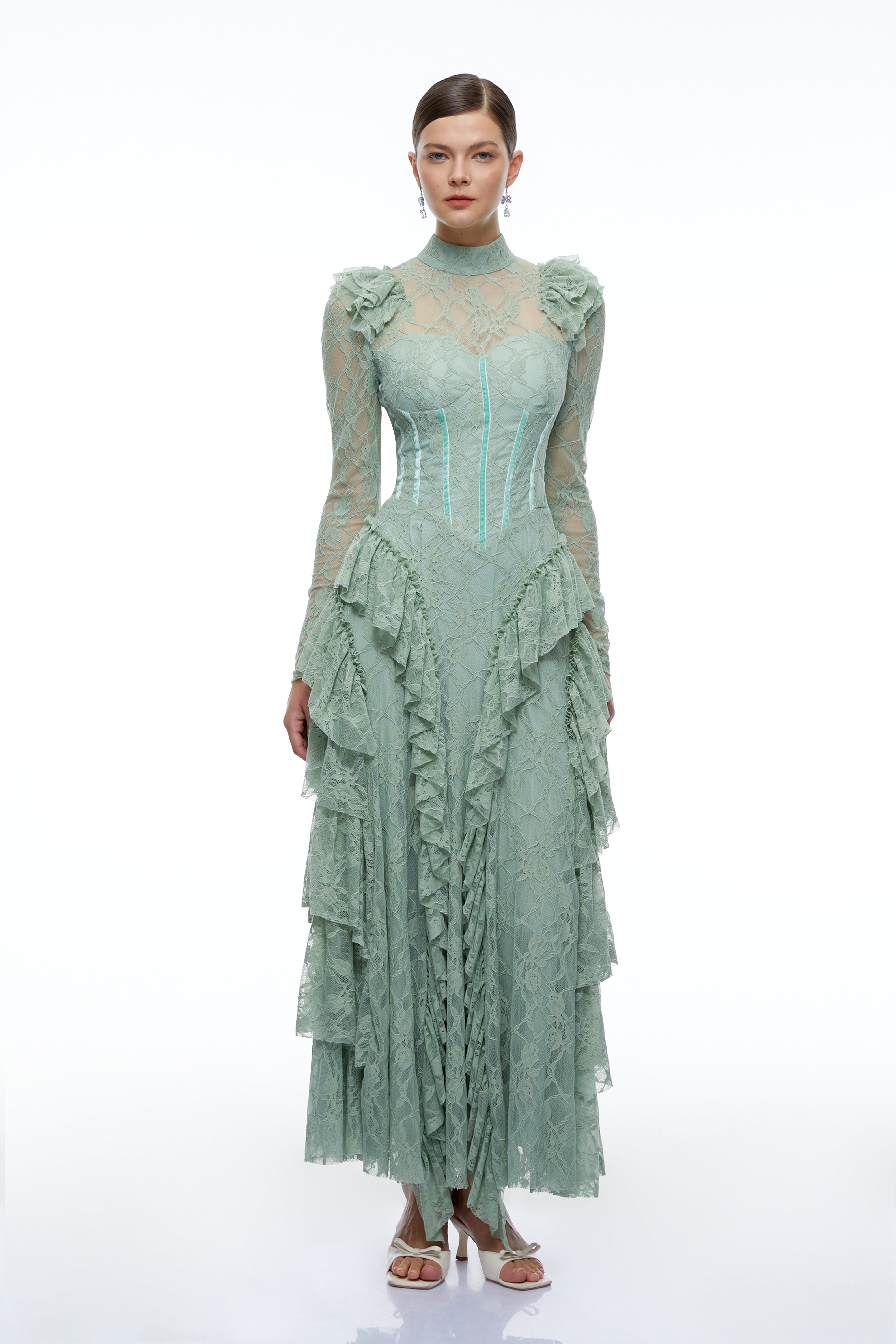 Aderyn Green High Neck Lace Ruffled Maxi Dress