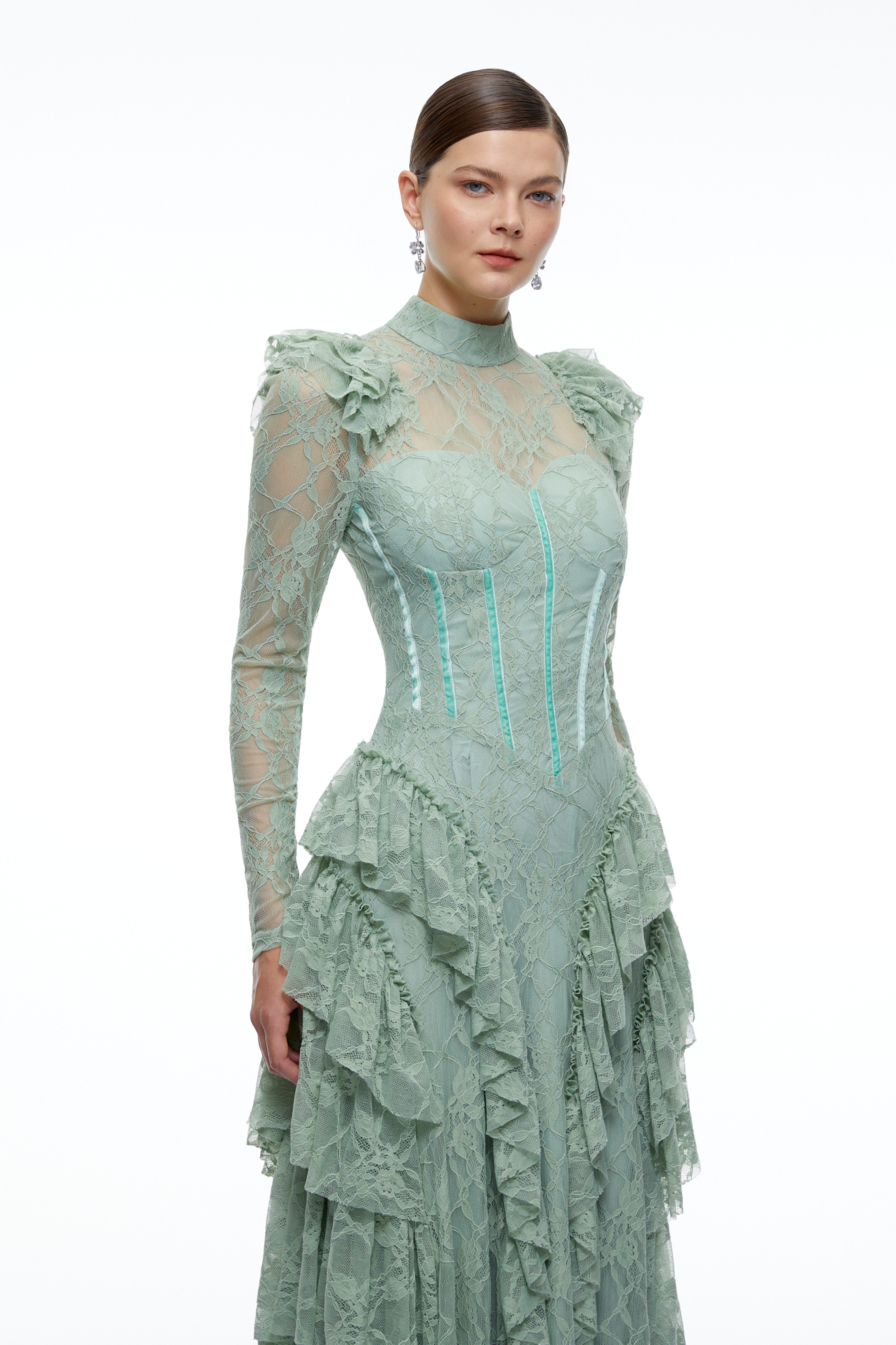 Aderyn Green High Neck Lace Ruffled Maxi Dress