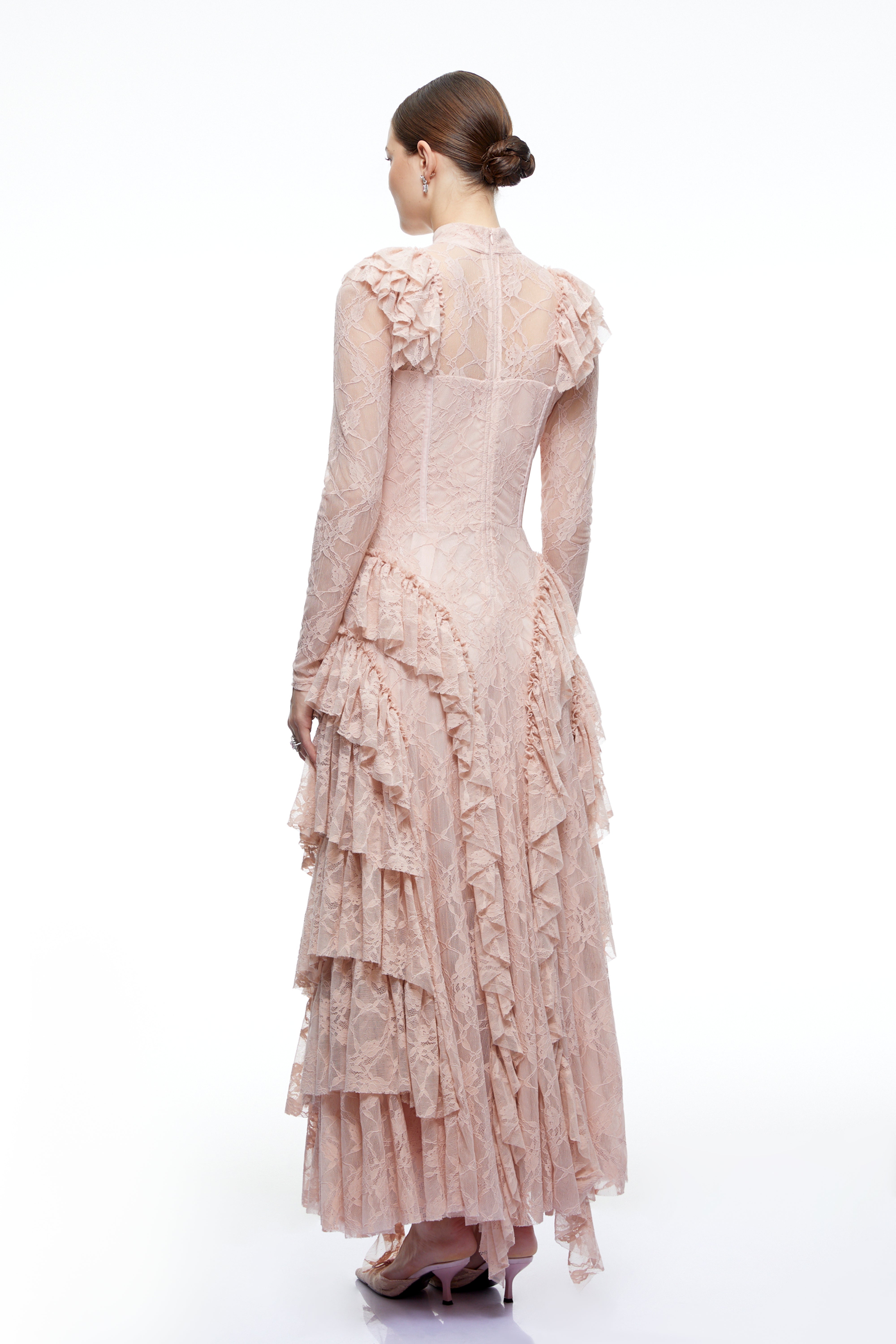 Aderyn Pink High Neck Lace Ruffled Maxi Dress