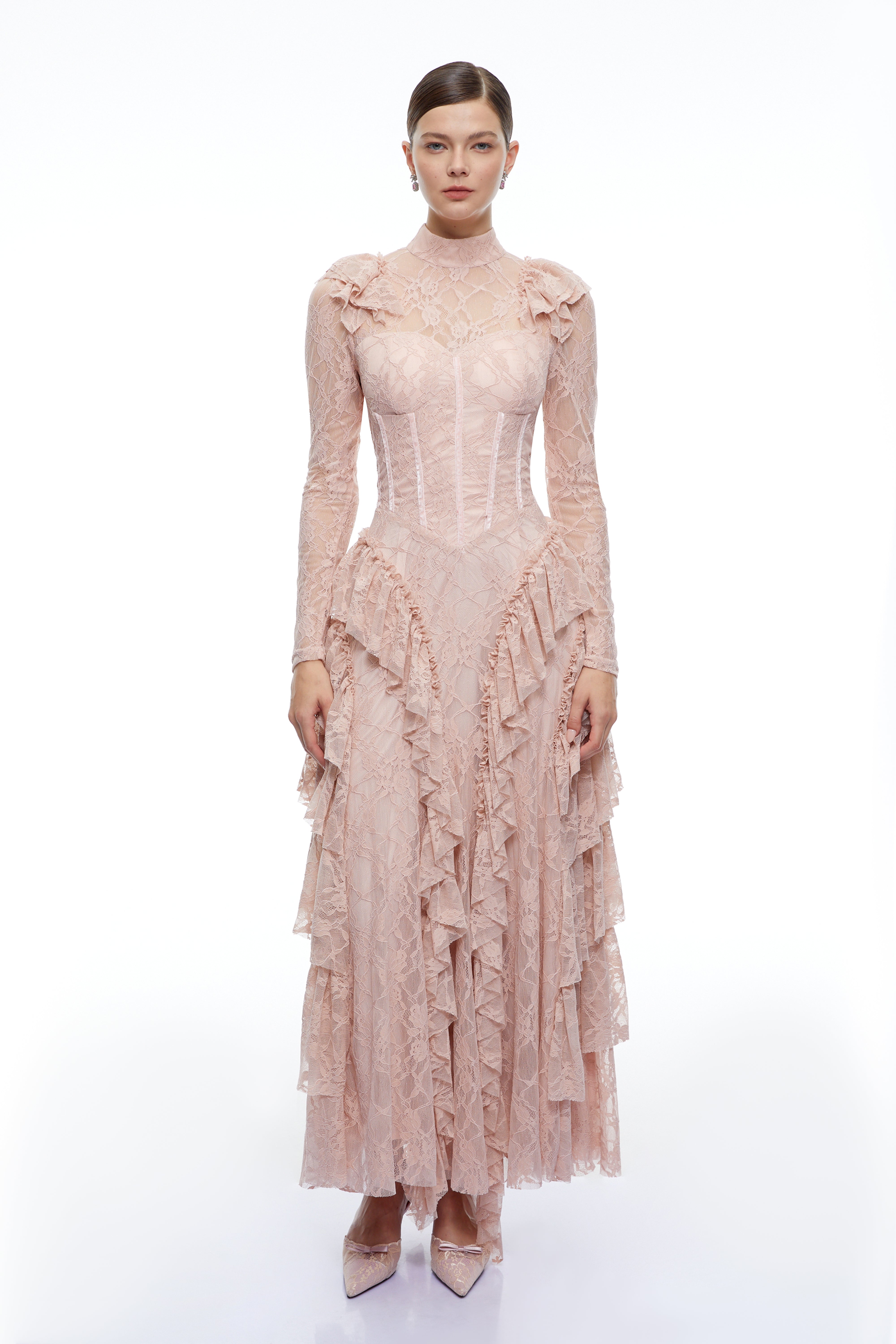 Aderyn Pink High Neck Lace Ruffled Maxi Dress