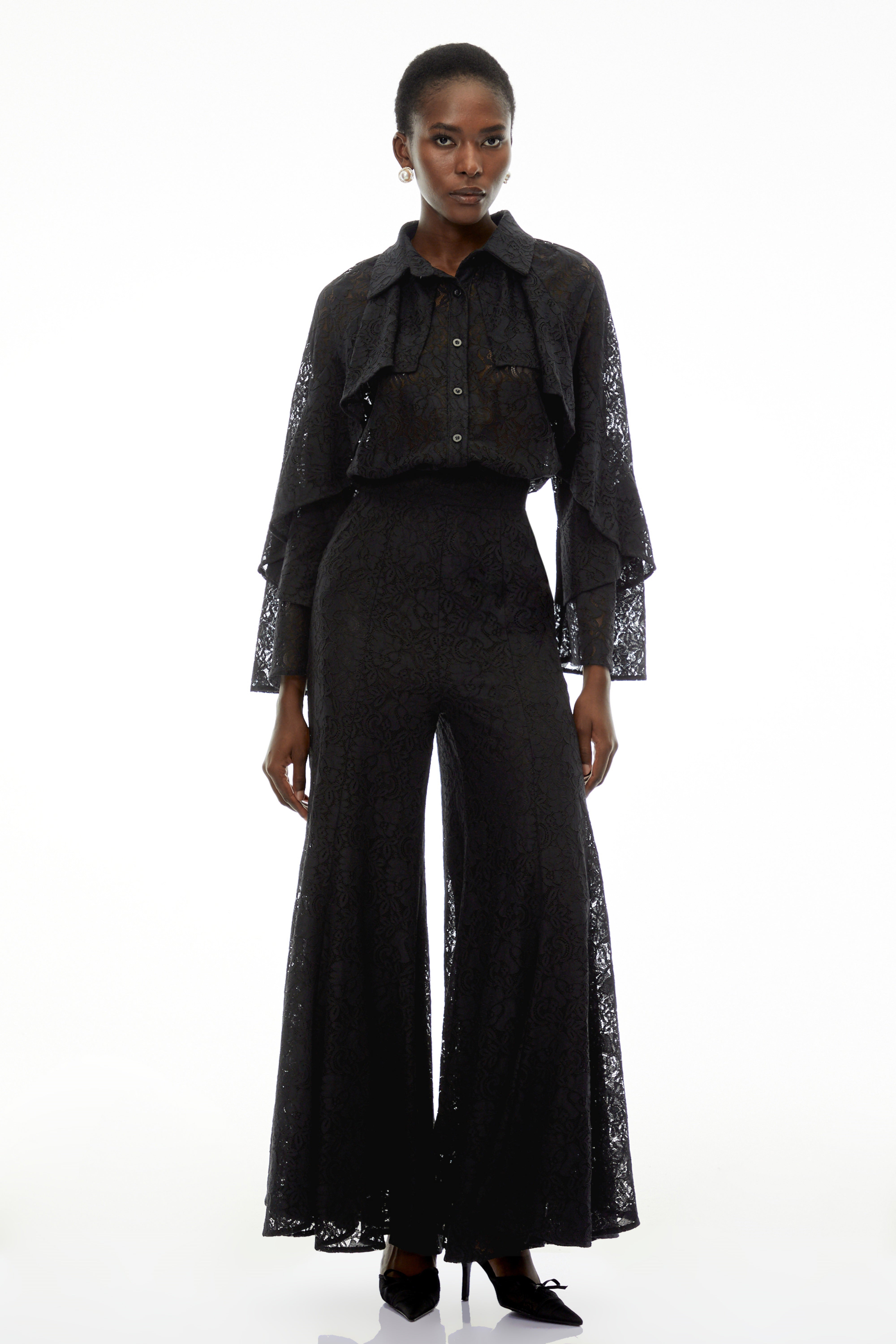Adriana Black Long Sleeve Lace Blouse & Trousers Set