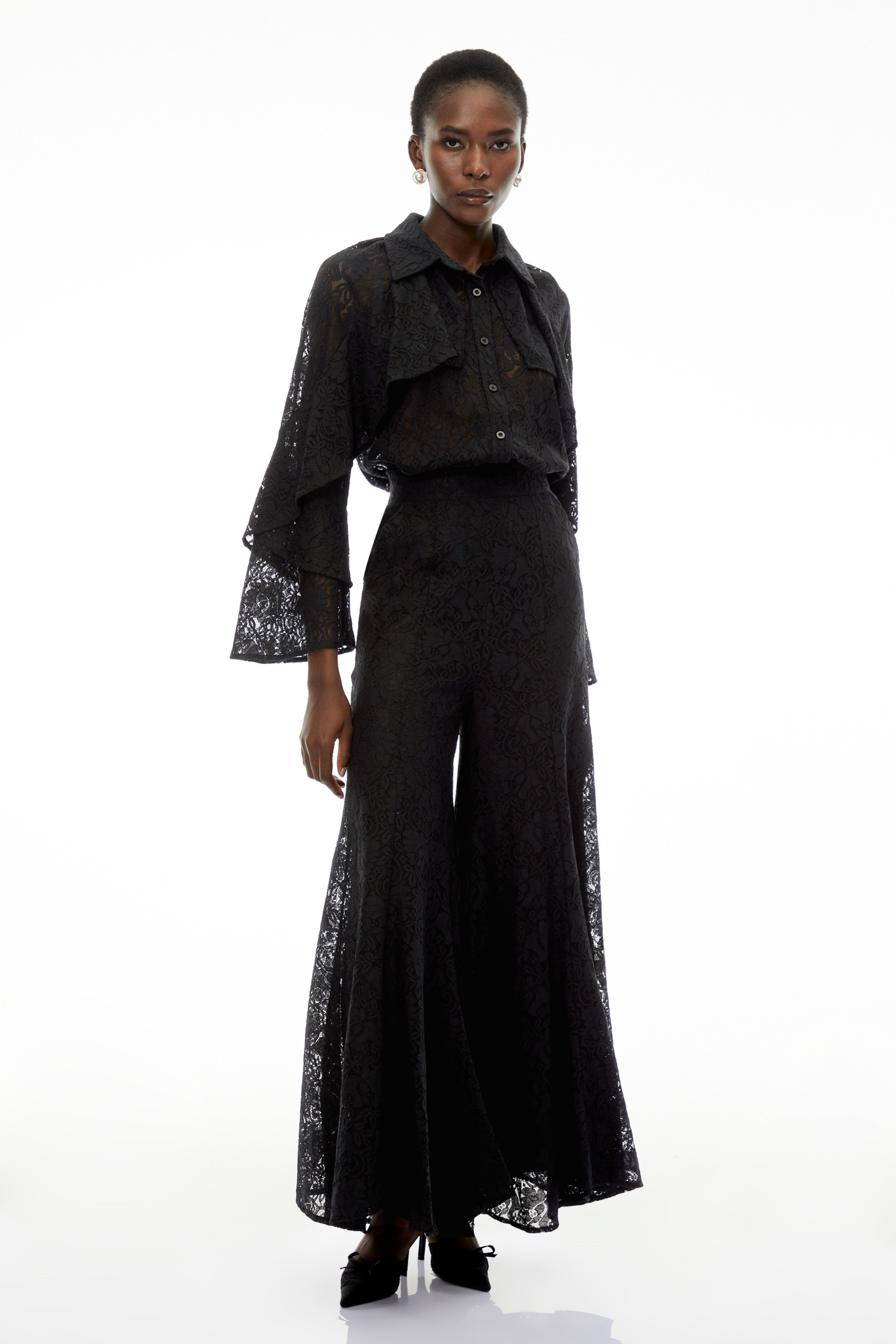 Adriana Black Long Sleeve Lace Blouse & Trousers Set