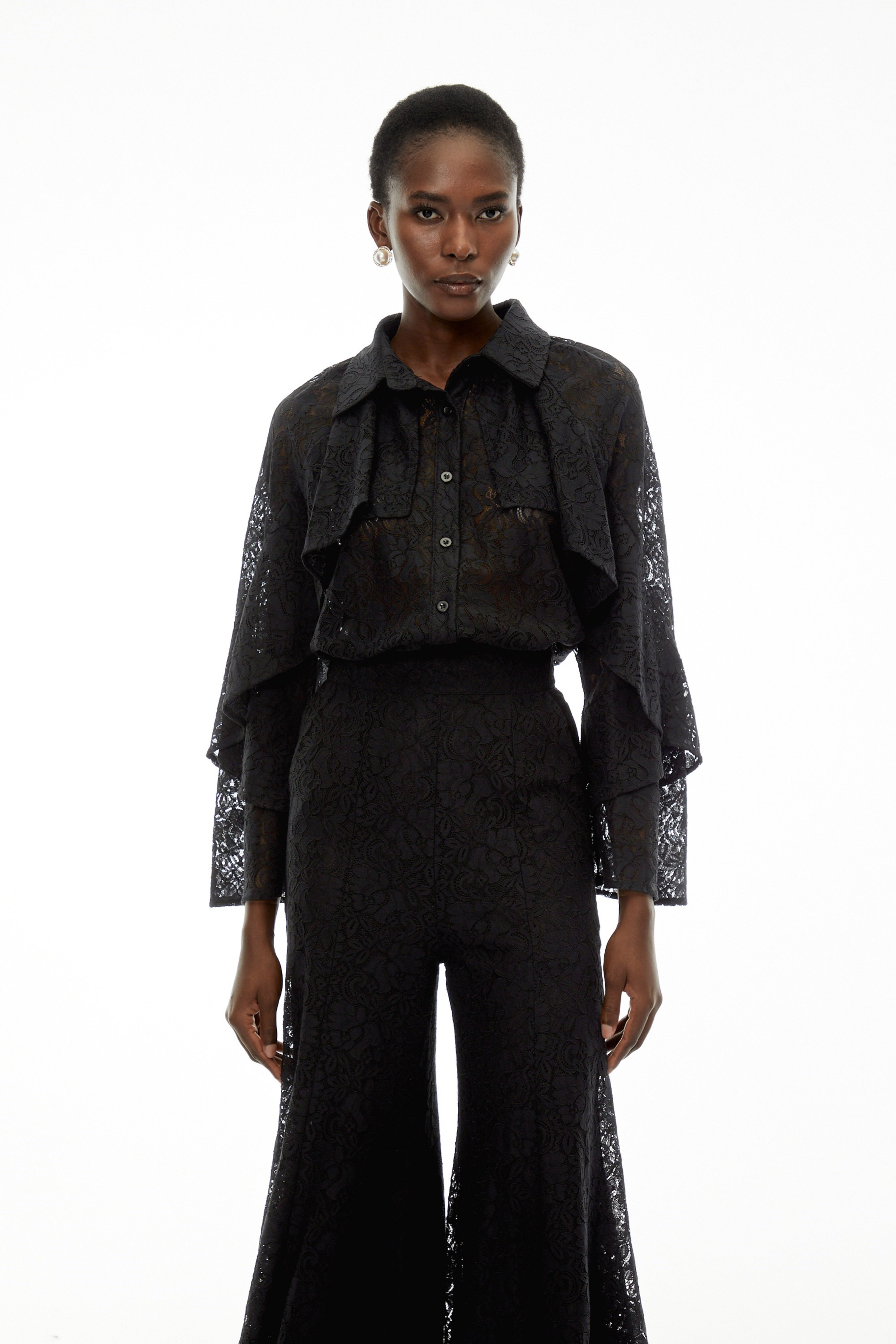 Adriana Black Long Sleeve Lace Blouse & Trousers Set
