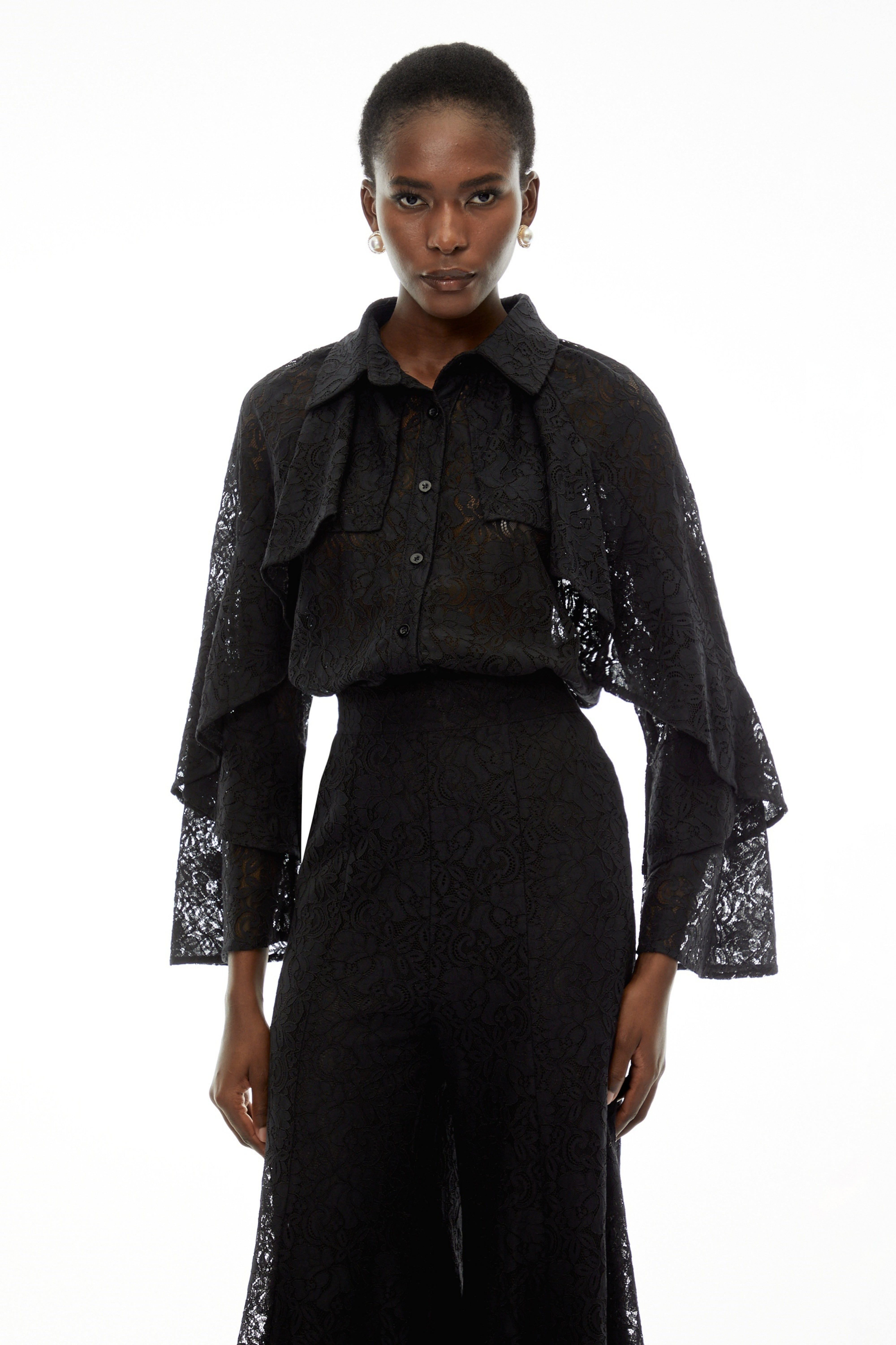 Adriana Black Long Sleeve Lace Blouse & Trousers Set