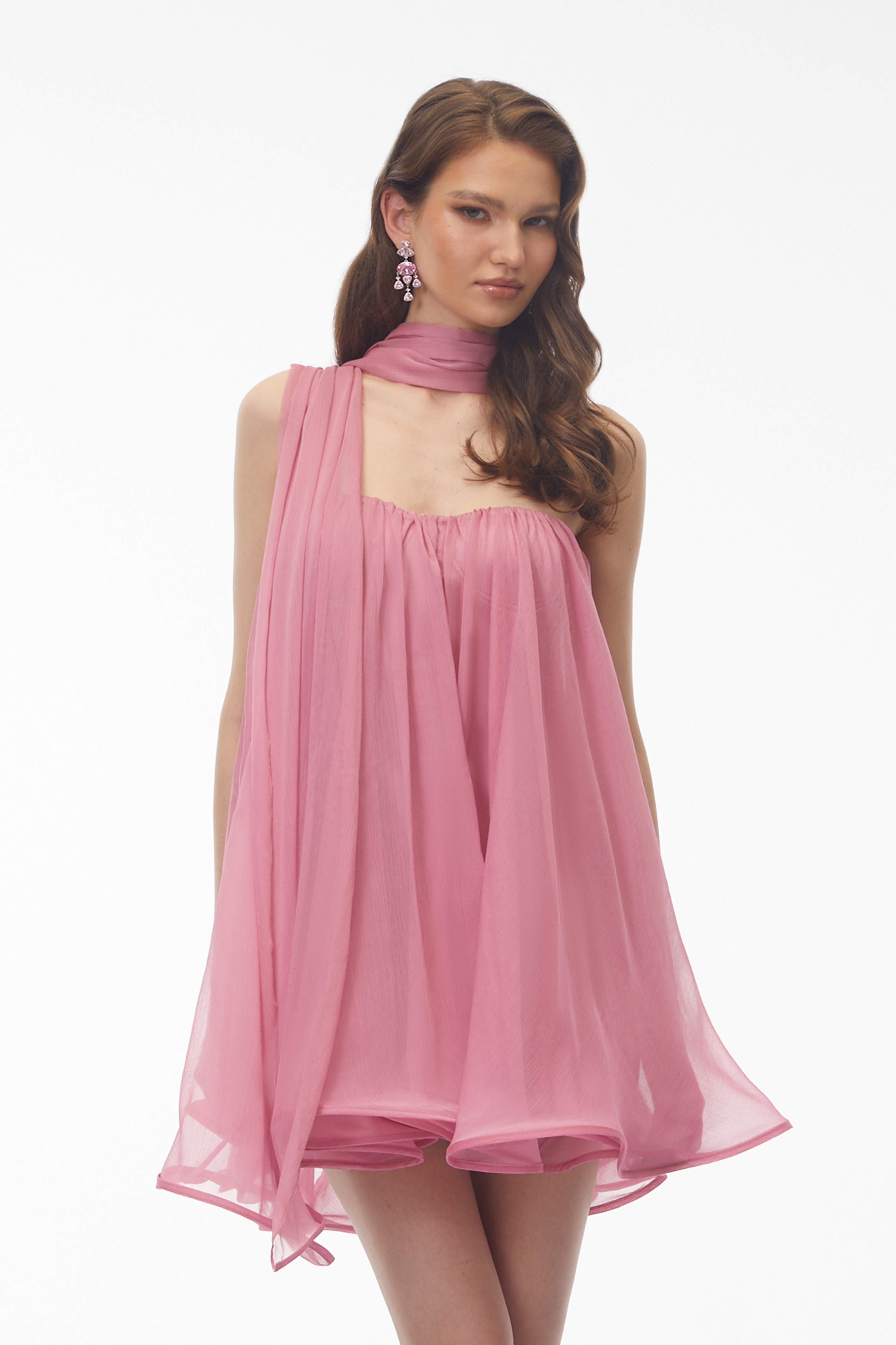 Agathe Rose Pink Off Shoulder Ruched Mini Dress with Ribbon (Final Sale-US Only)
