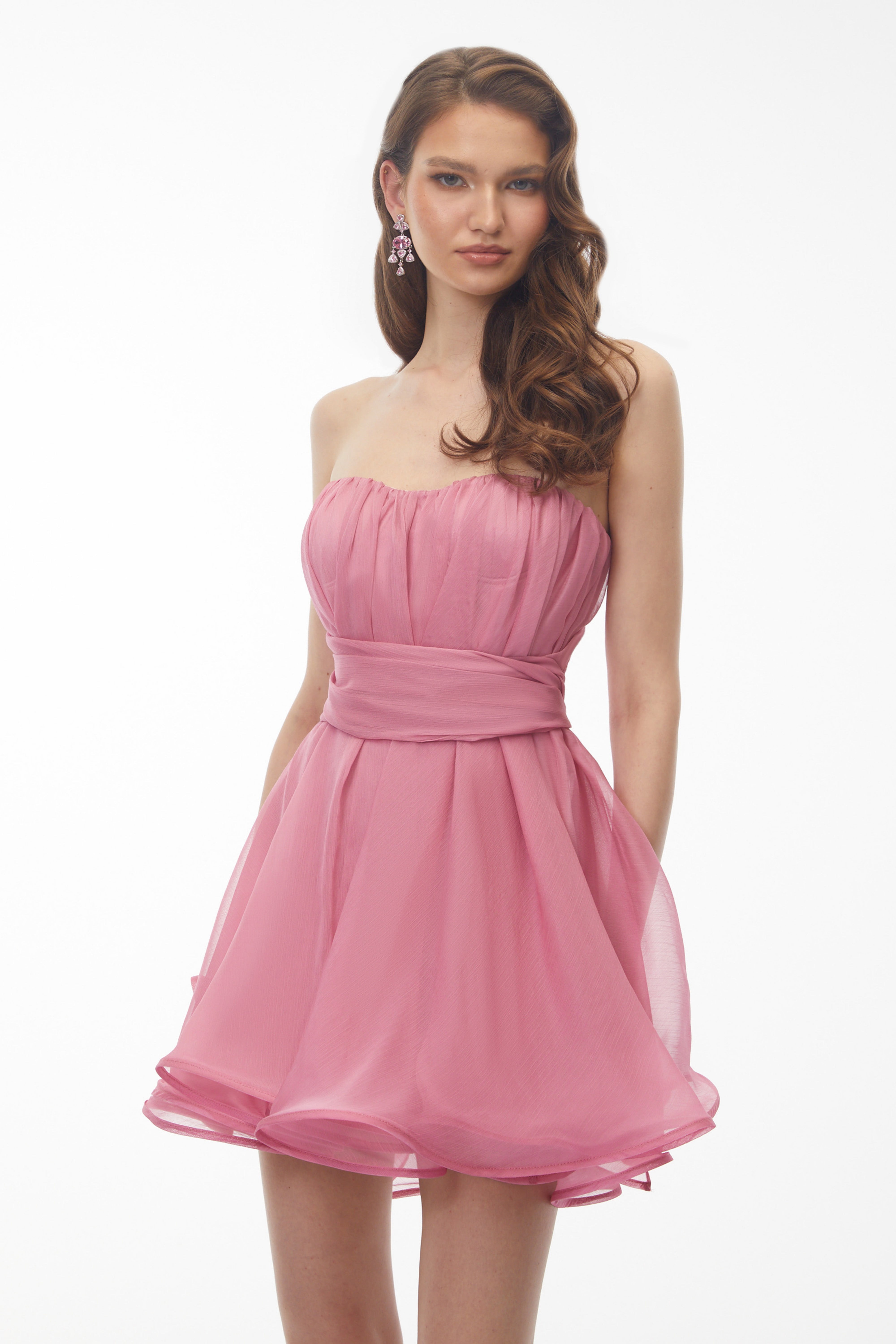 Agathe Rose Pink Off Shoulder Ruched Mini Dress with Ribbon (Final Sale-US Only)