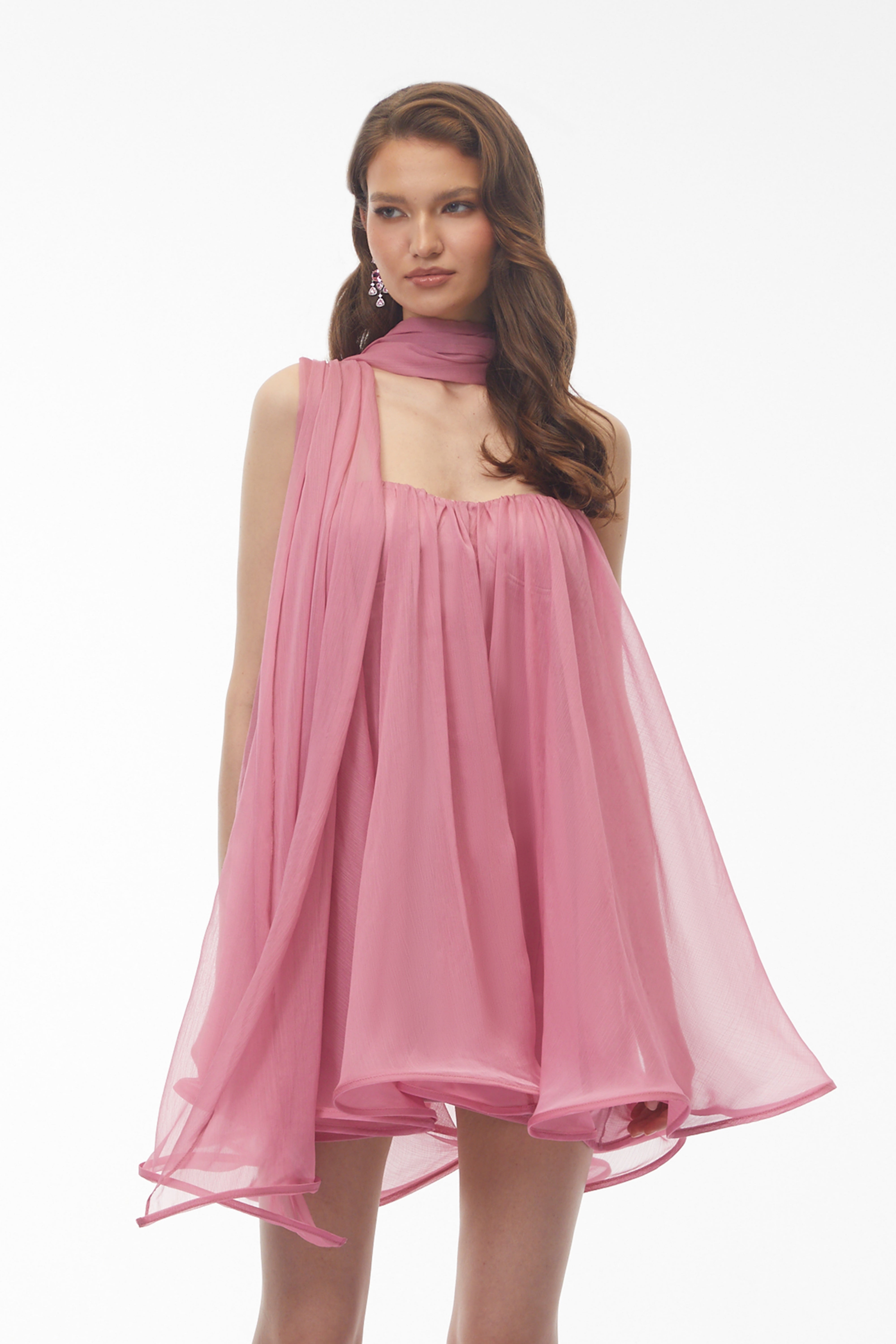 Agathe Rose Pink Off Shoulder Ruched Mini Dress with Ribbon (Final Sale-US Only)