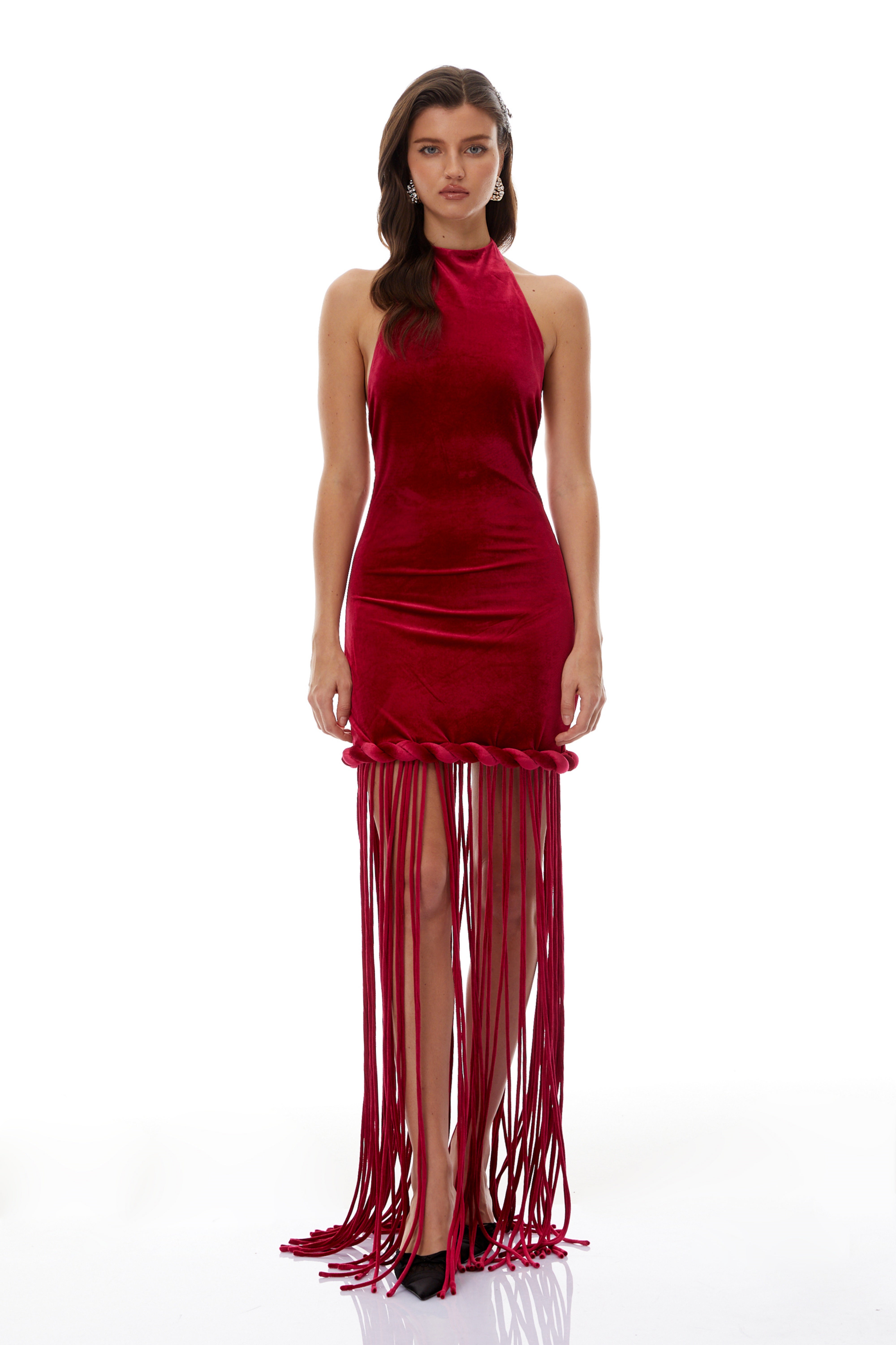 Robe longue en velours à dos nu Aïda rouge (Vente définitive)