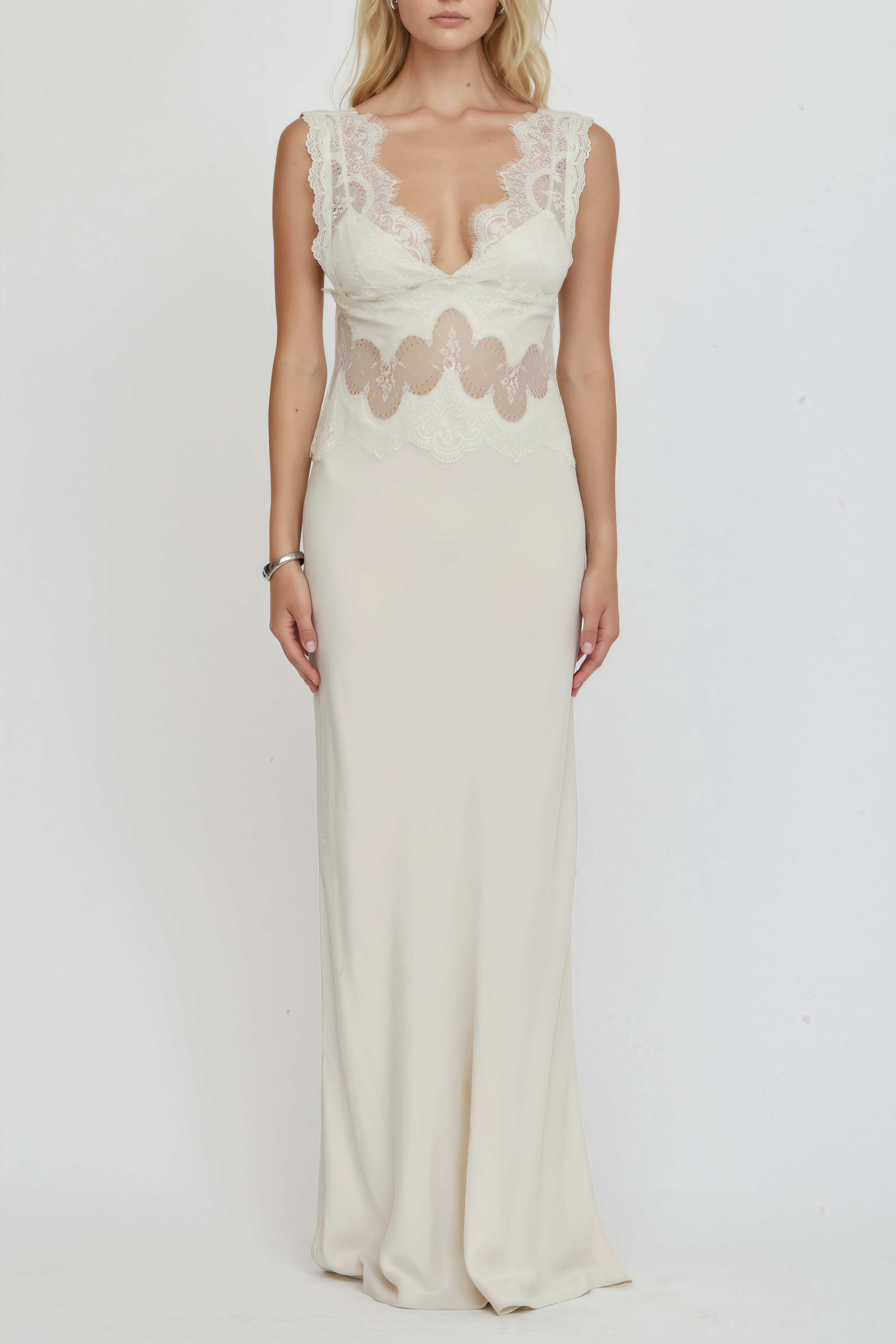 Satin Maxi Dress with Lace Panels