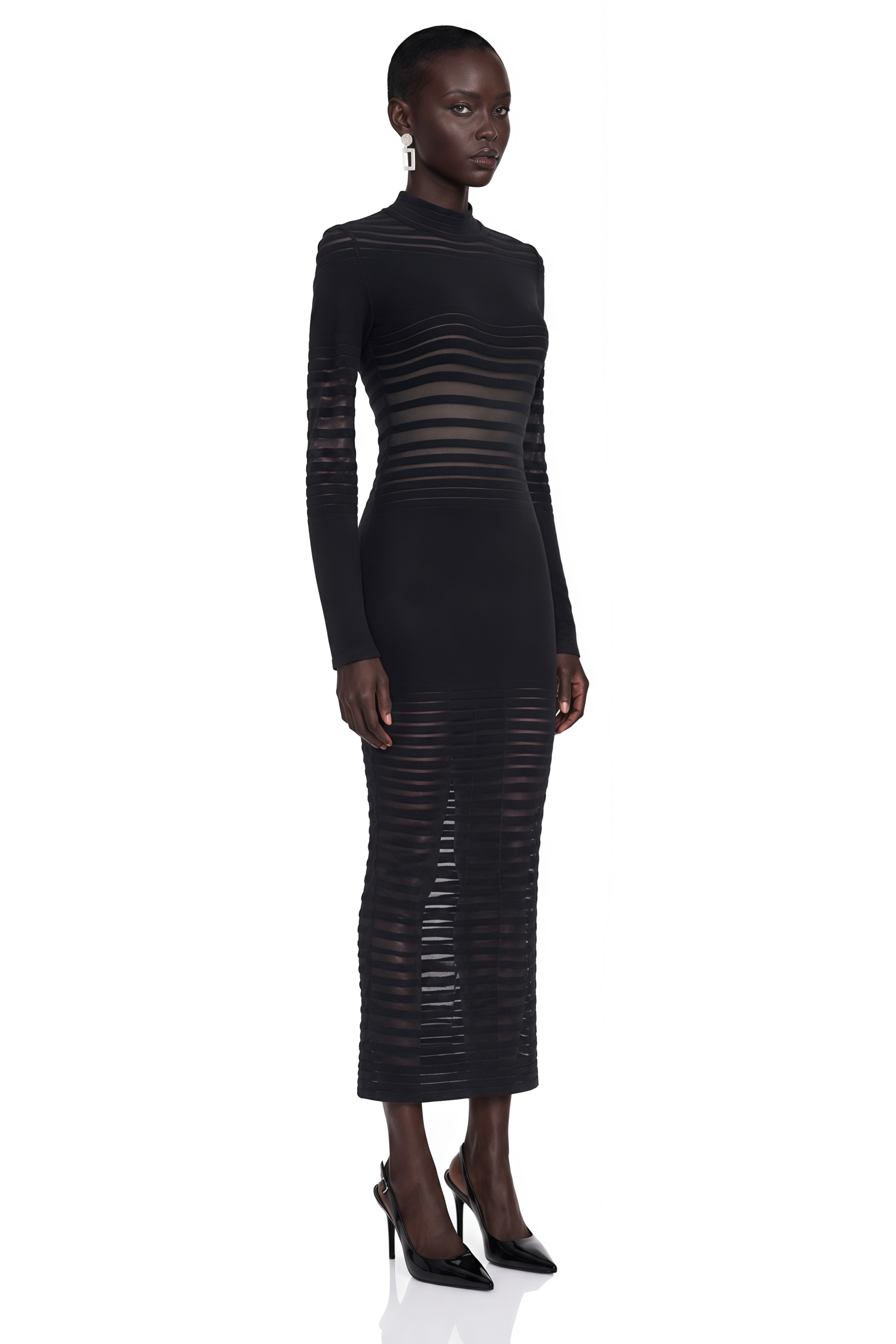 Alani Black Midi Dress with Semi-sheer Panels