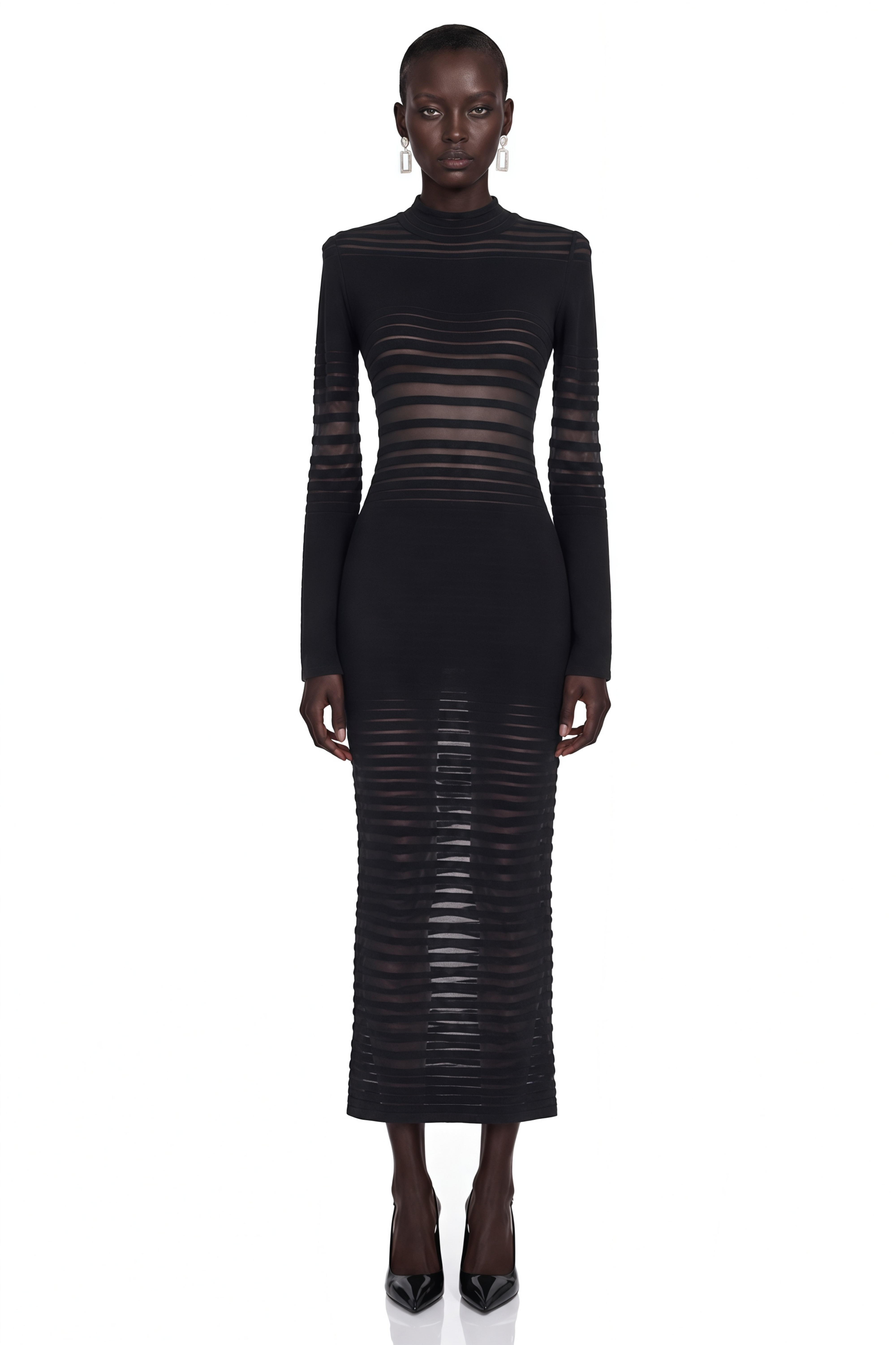 Alani Black Midi Dress with Semi-sheer Panels