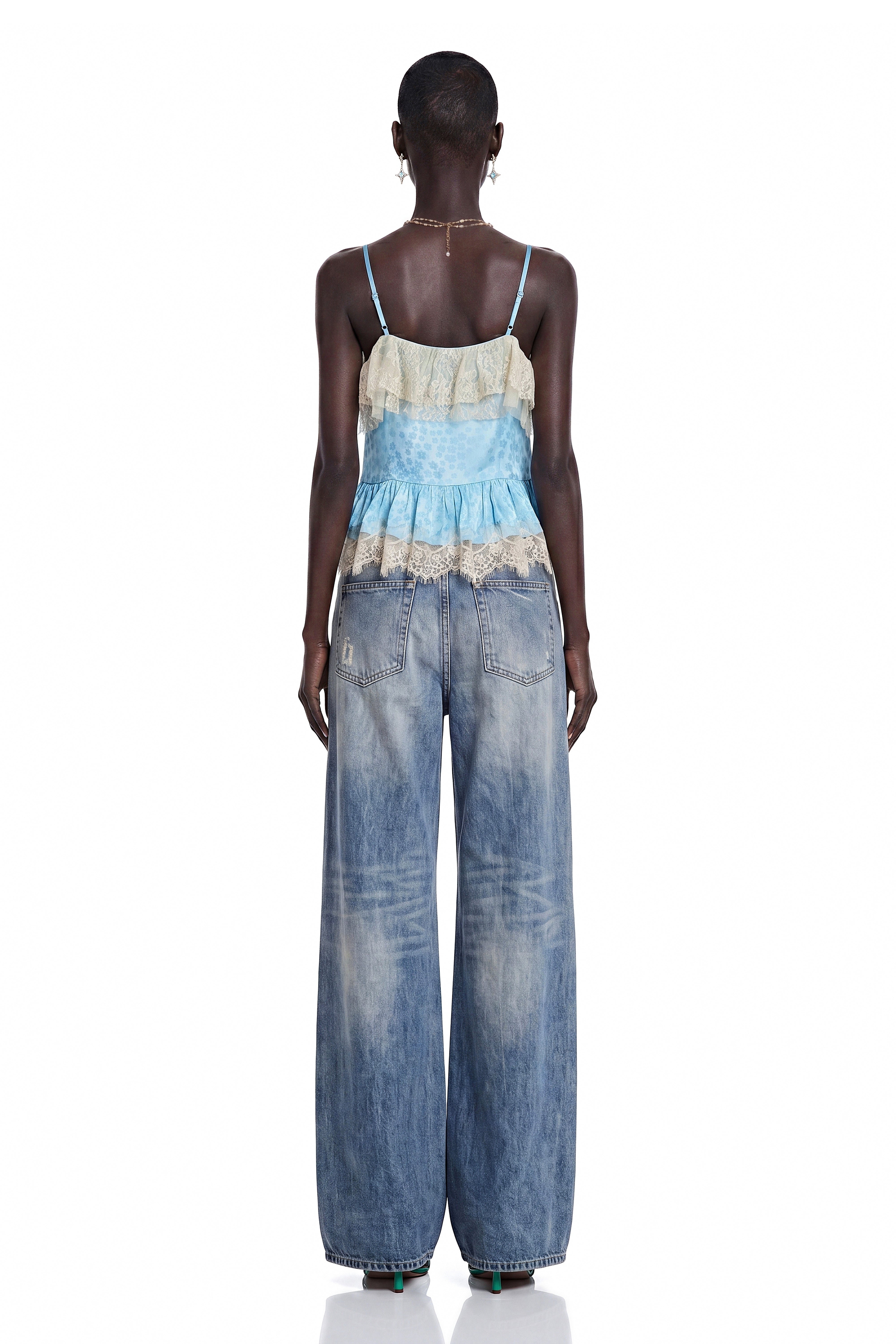 Alba Blue Spaghetti Straps Lace Detail Top