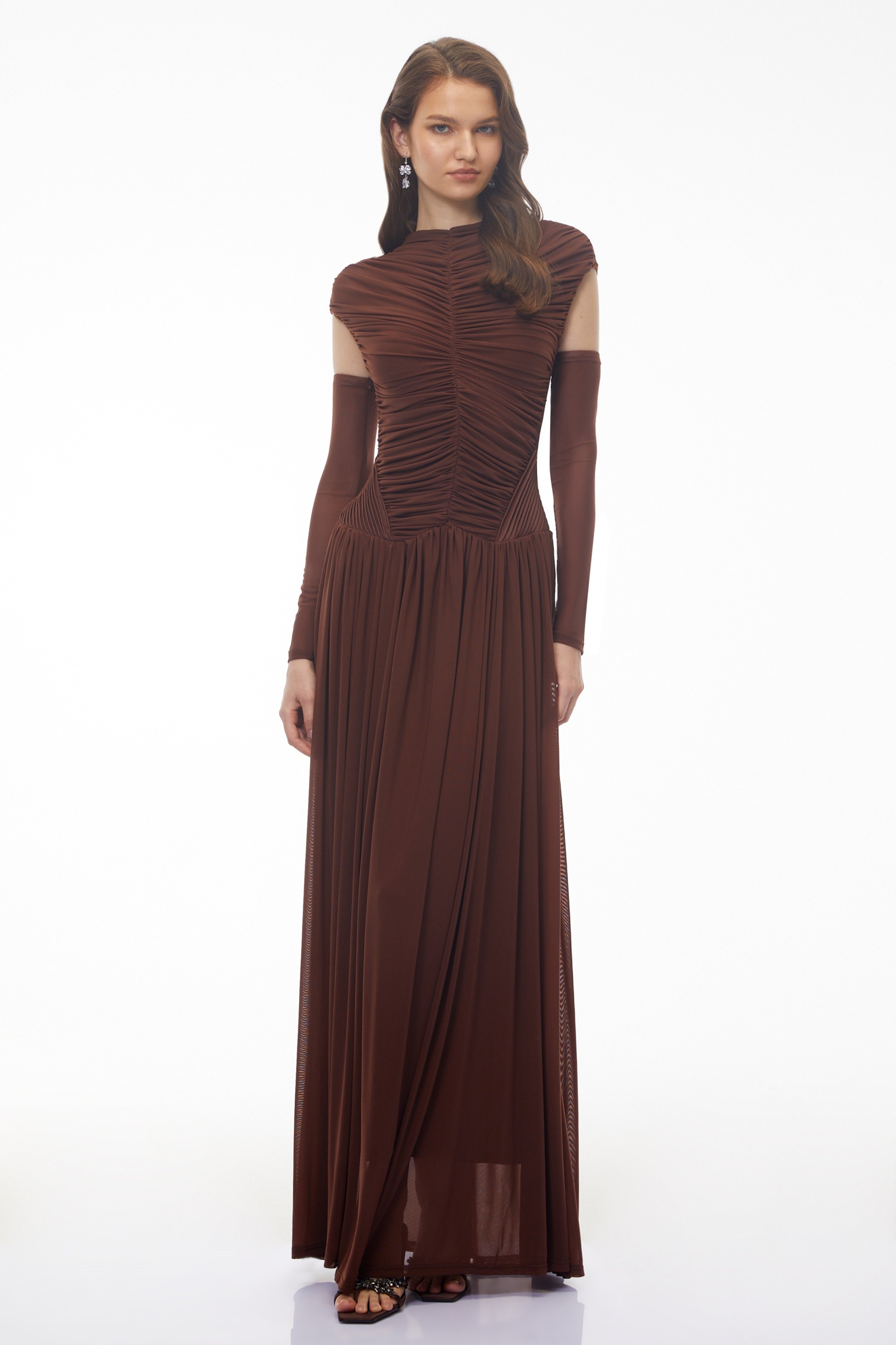 Alberte Brown Mock Neck Ruched Maxi Dress (Final Sale-US Only)