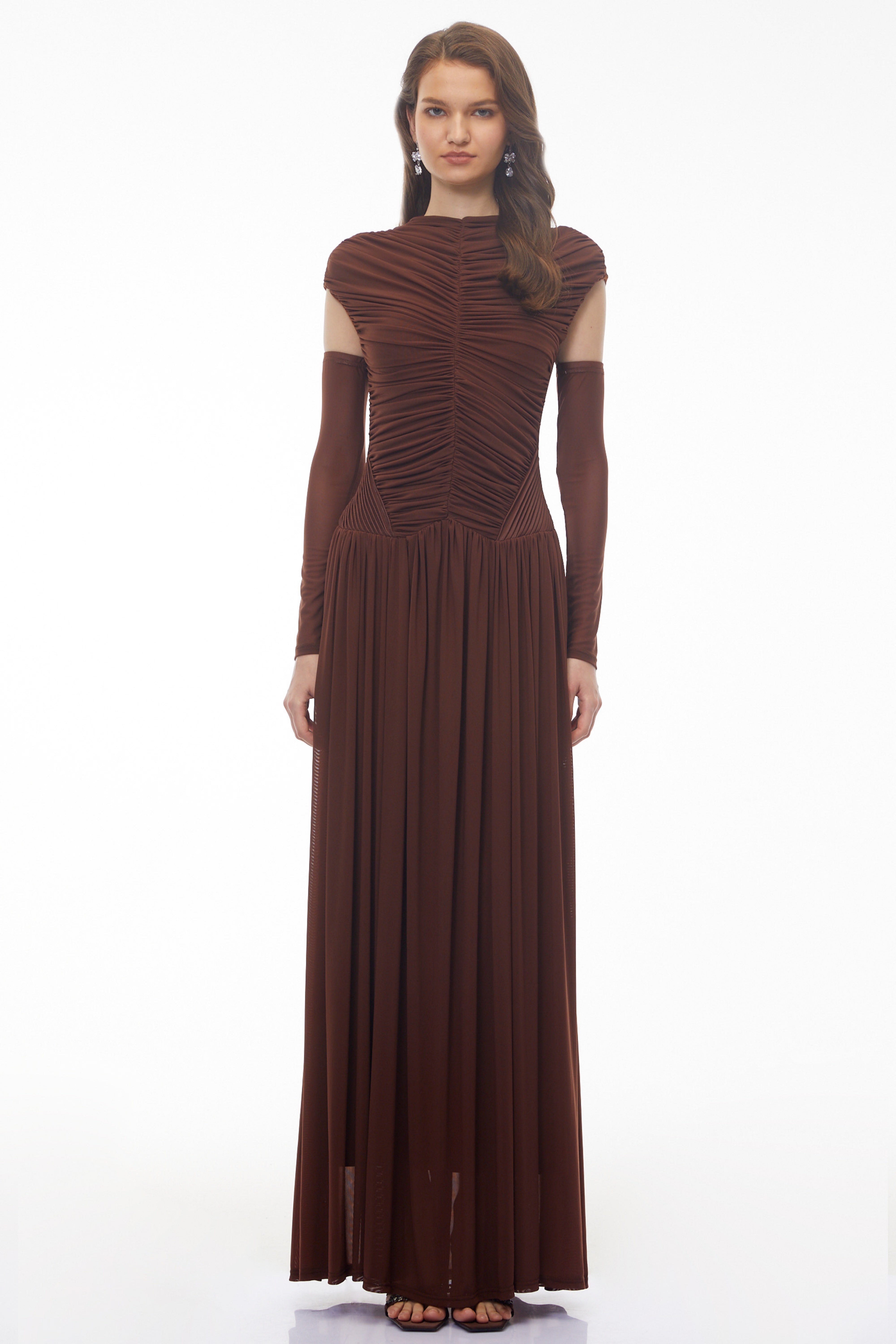 Alberte Brown Mock Neck Ruched Maxi Dress (Final Sale-US Only)