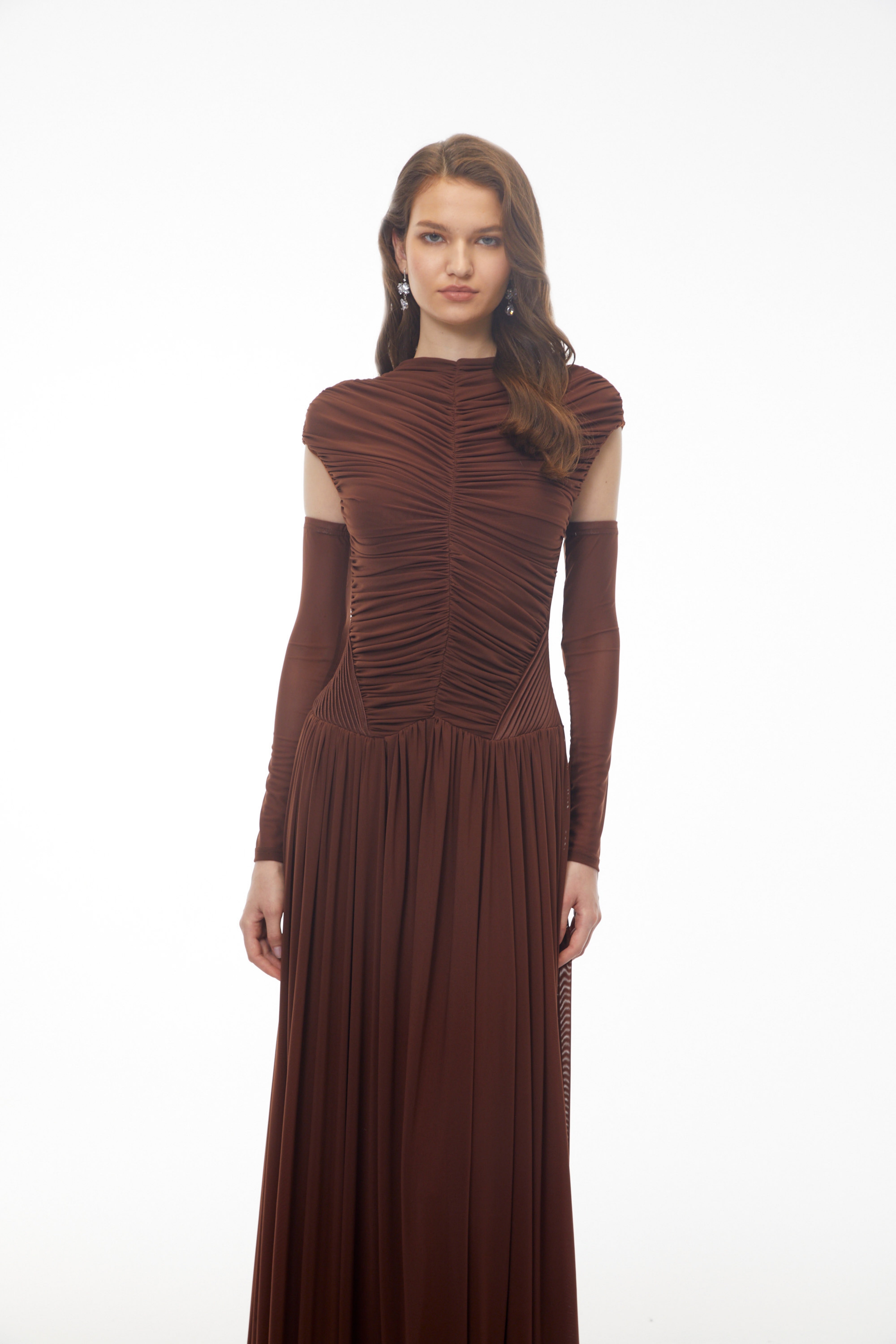 Alberte Brown Mock Neck Ruched Maxi Dress (Final Sale-US Only)