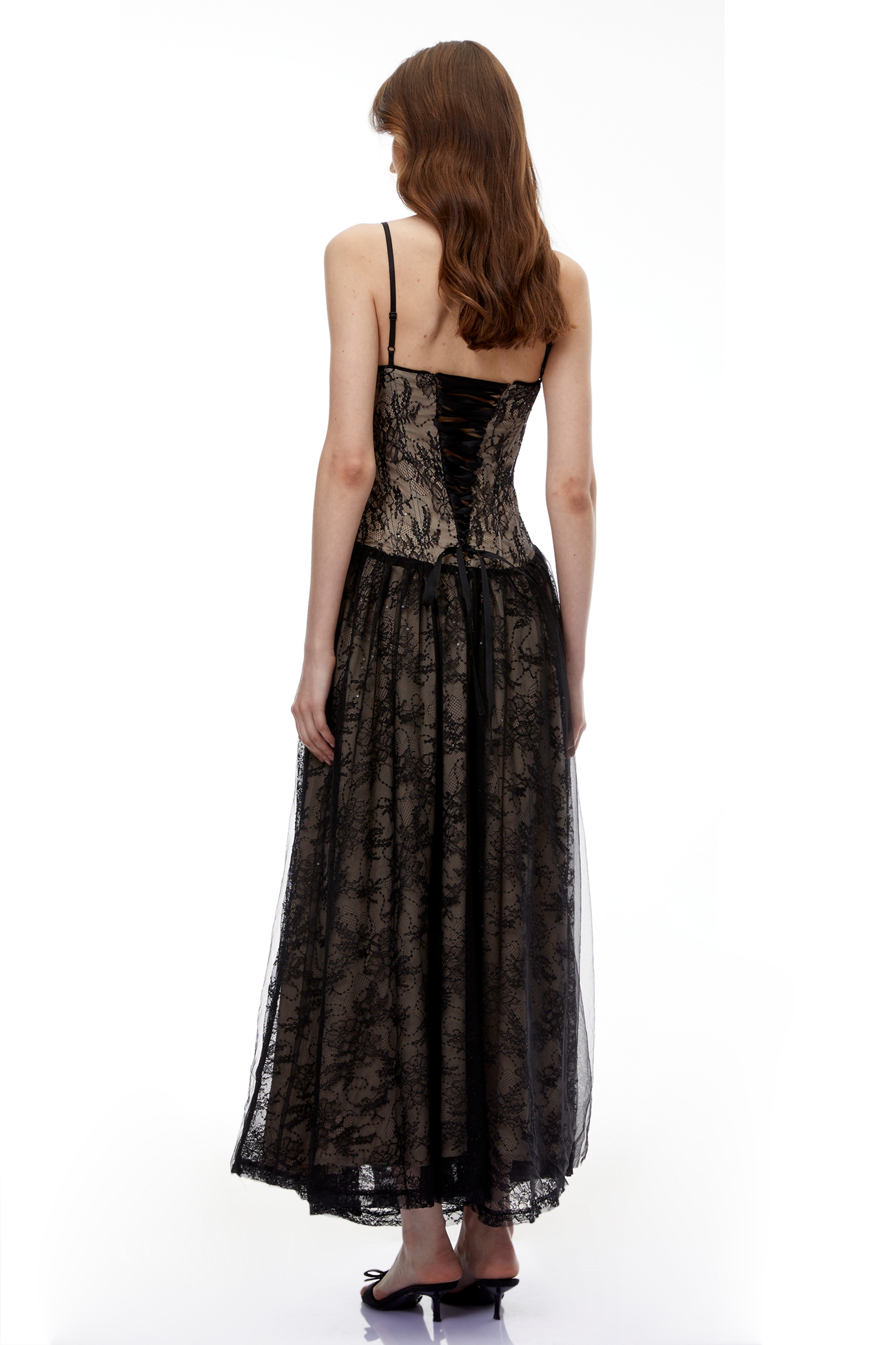 Alessa Black Floral Lace Maxi Dress with Tulle Panels (Final Sale)