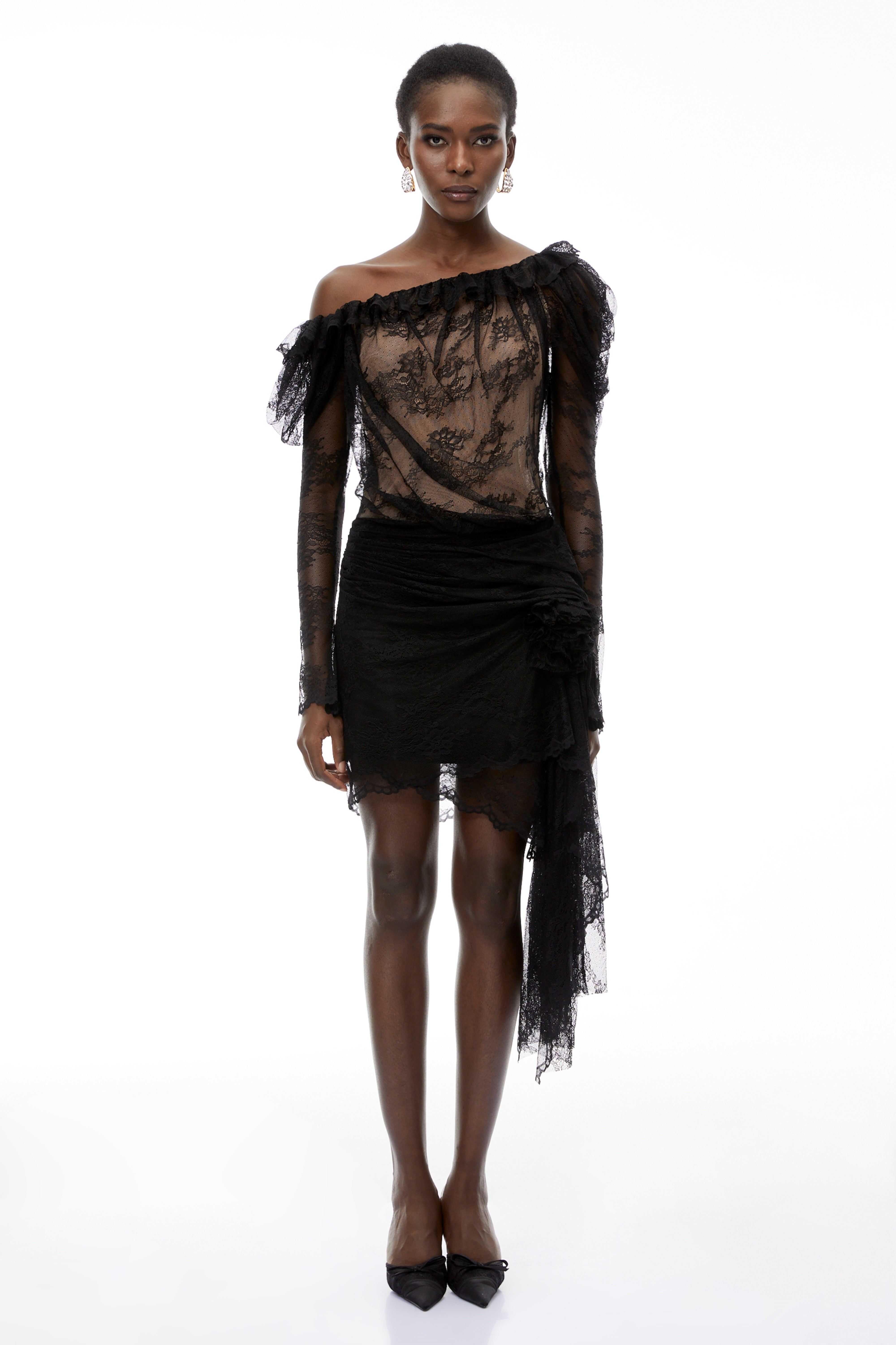 Black Semi-Sheer Floral Lace Mini Dress