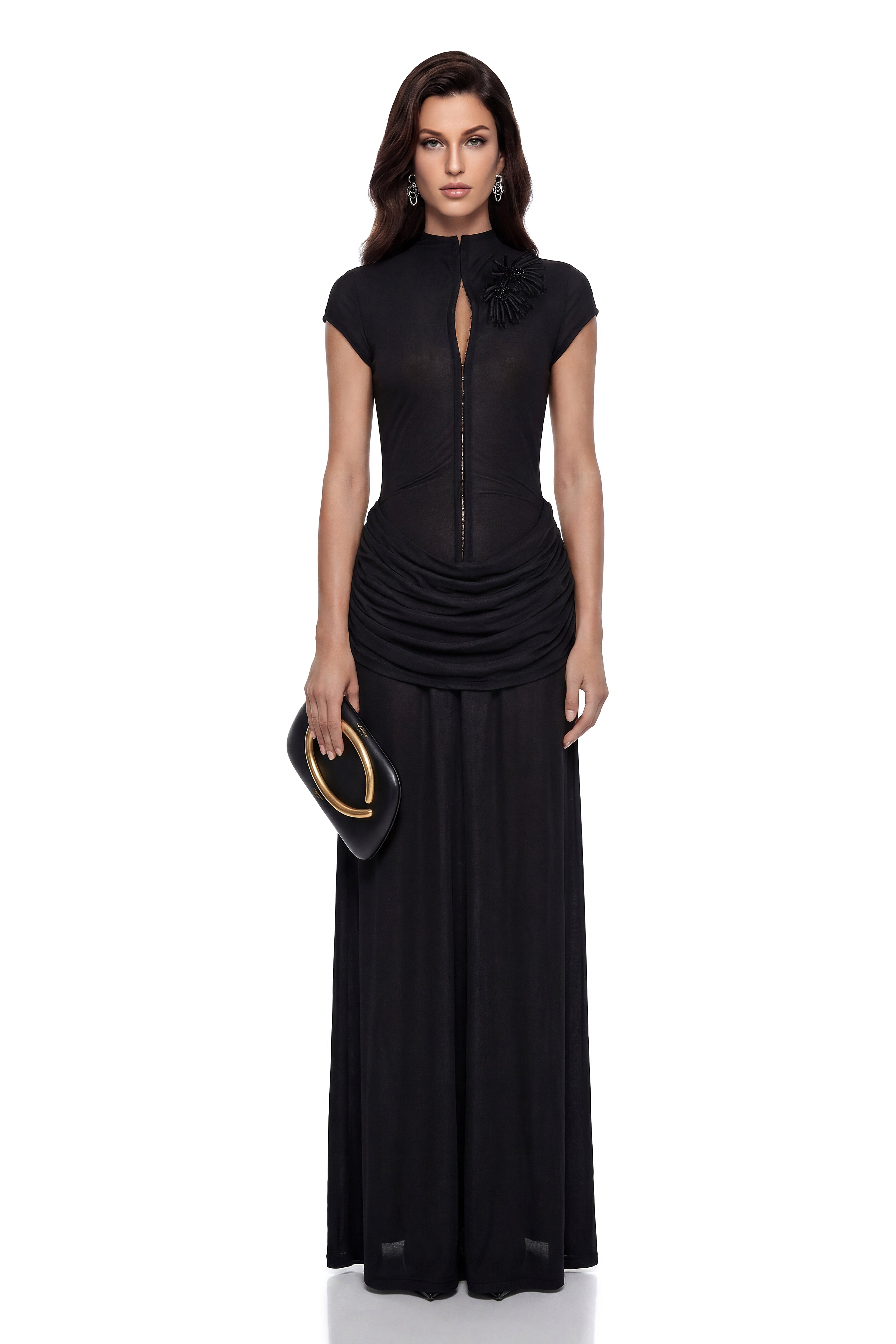 Aliya Black Ruched Maxi Dress with 3D Petals (Final Sale-US Only)