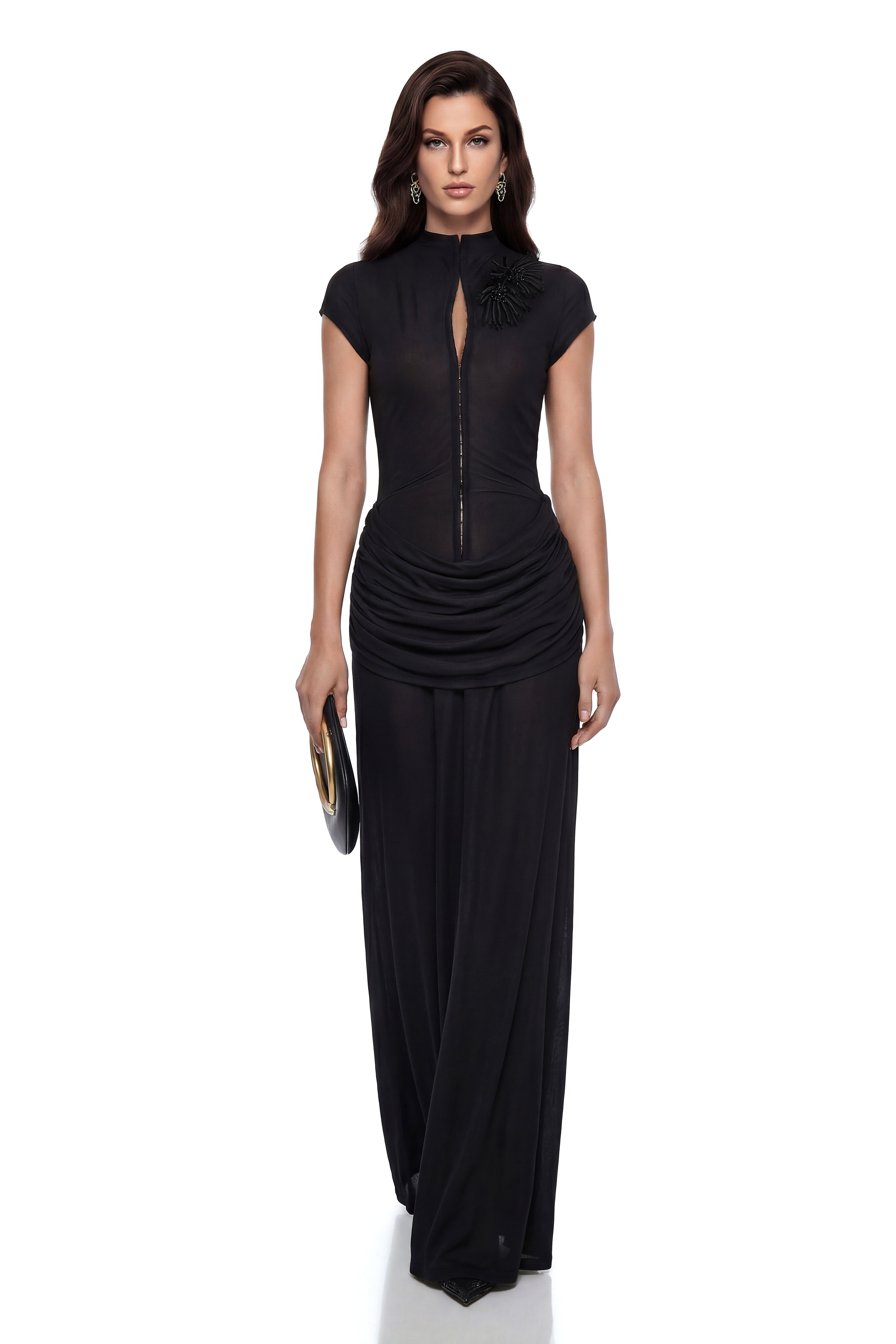 Aliya Black Ruched Maxi Dress with 3D Petals (Final Sale-US Only)