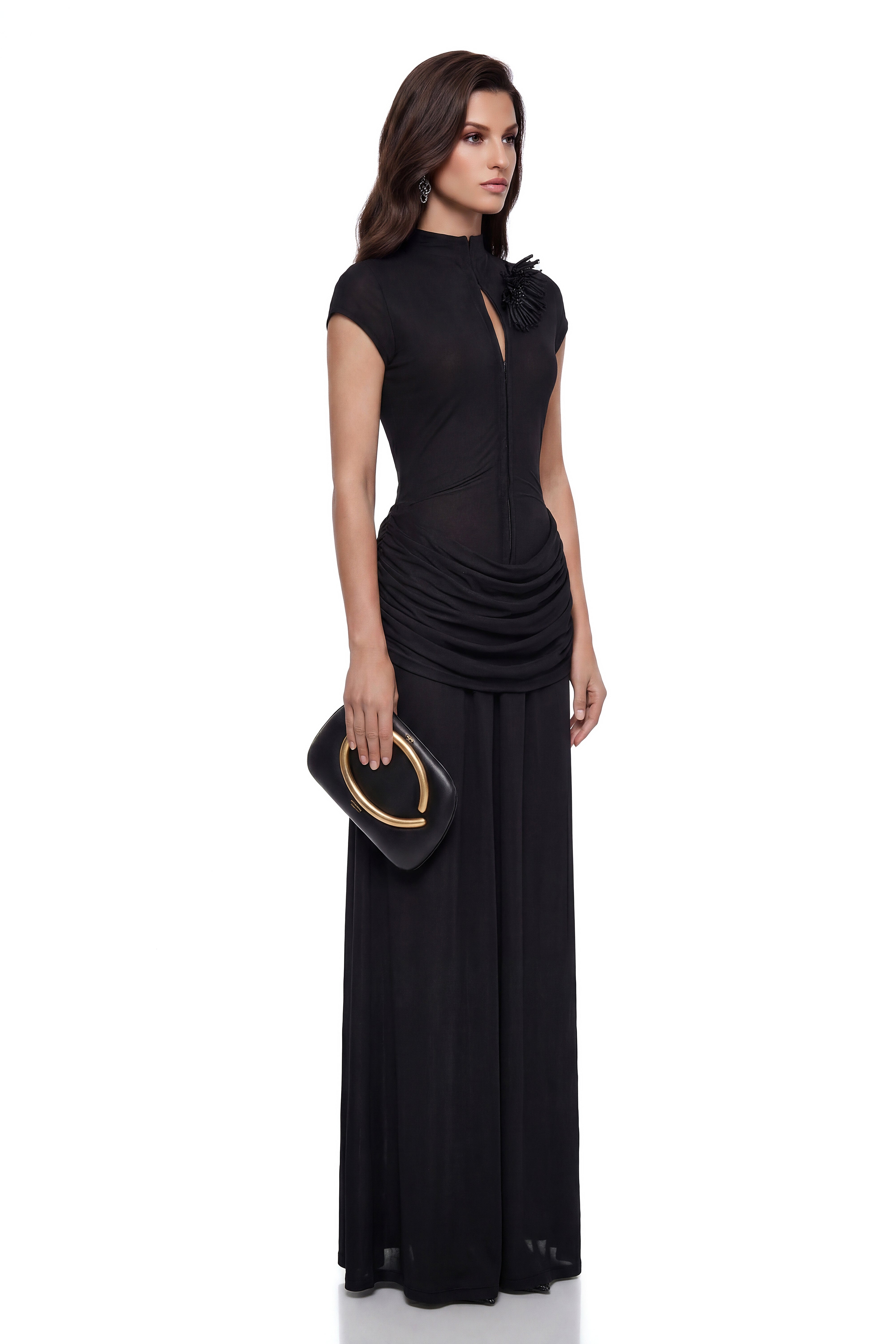 Aliya Black Ruched Maxi Dress with 3D Petals (Final Sale-US Only)