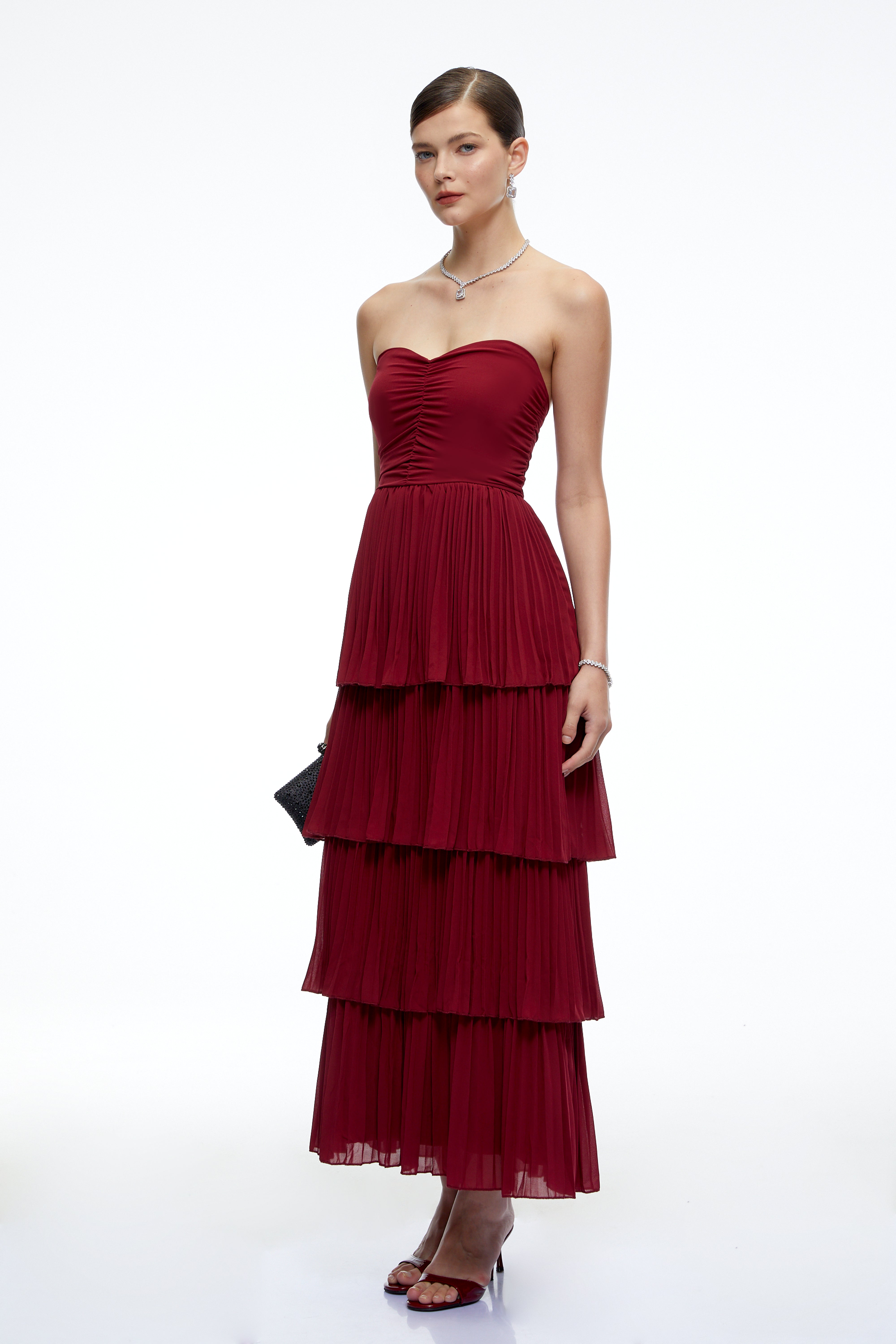 Allegra Burgundy Tiered Ruffled Maxi Dress